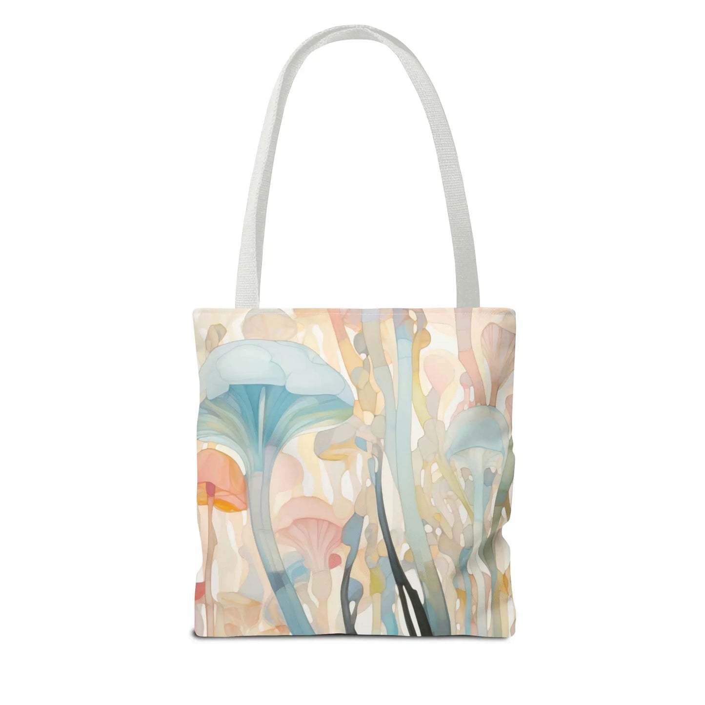 A picture of the Groovy Rainbow Mushrooms Stained Glass Tote Bag from GlassyRock Arts.
