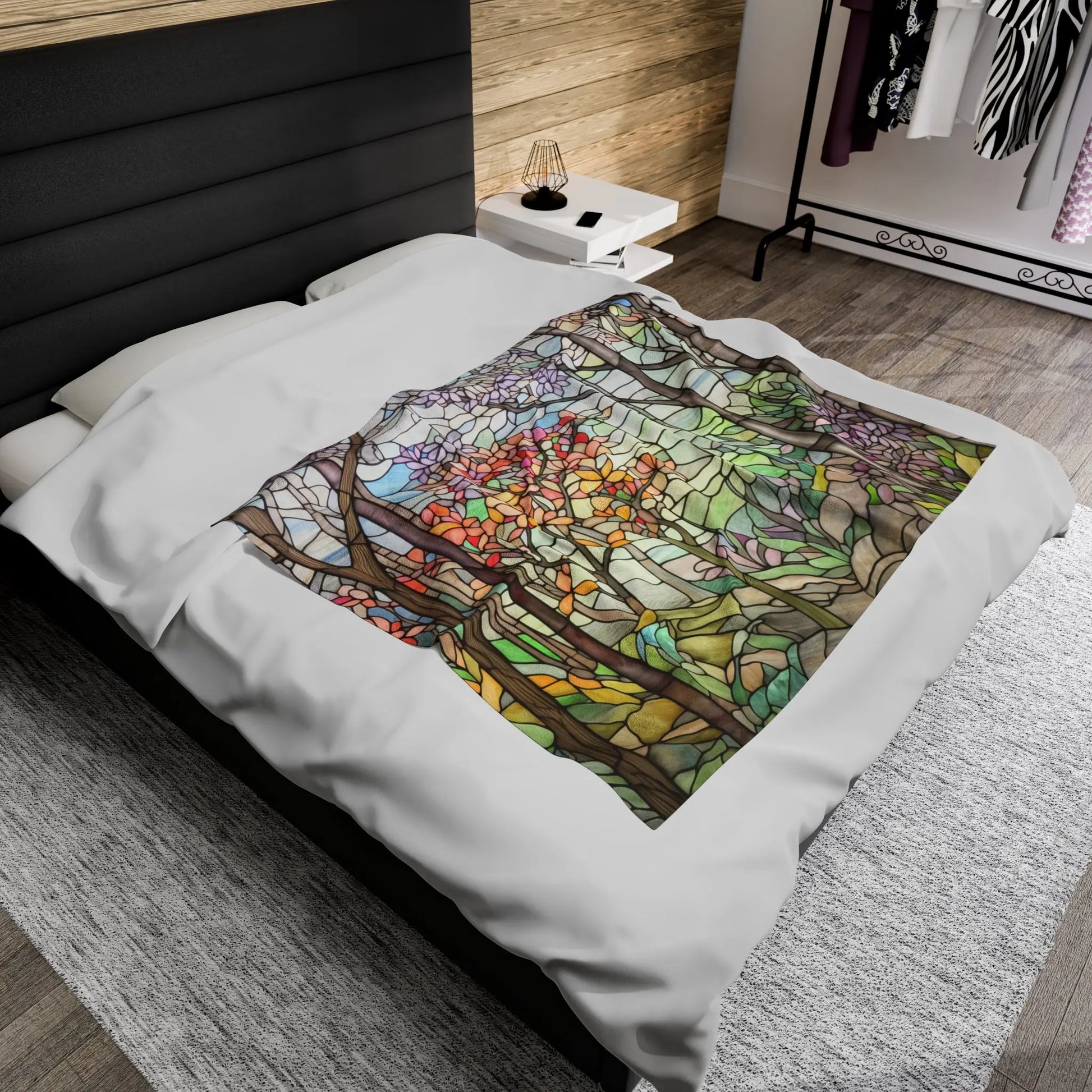 A picture of the Stained Glass Springtime Forest Velveteen Plush Blanket from GlassyRock Arts.