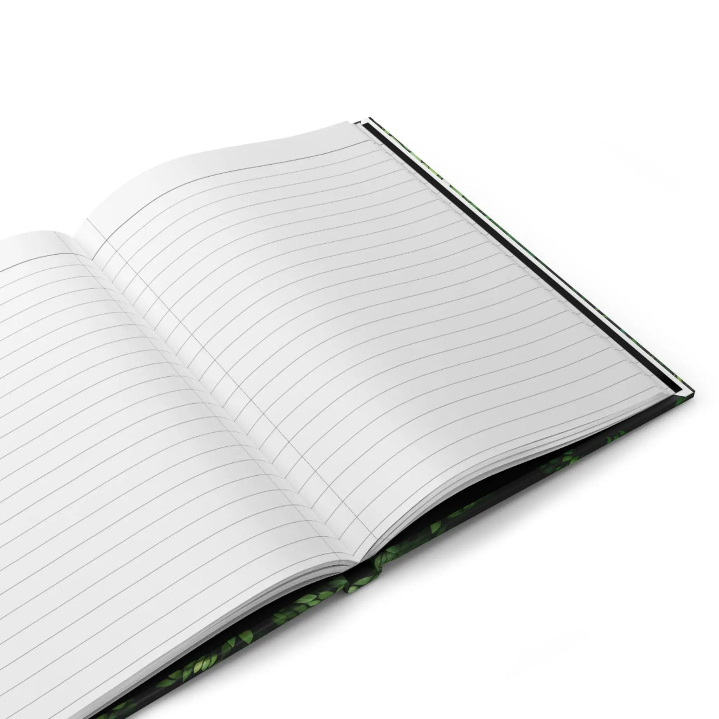 The Stained Glass Forest Hardcover Journal awaits your thoughts with its lined white pages. Its custom cover features a dark background adorned with a delicate green leaf pattern along the edges, ready for writing.
