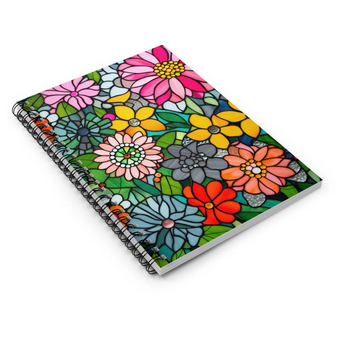 A picture of the Stained Glass Flowers Spiral Notebook from GlassyRock Arts.