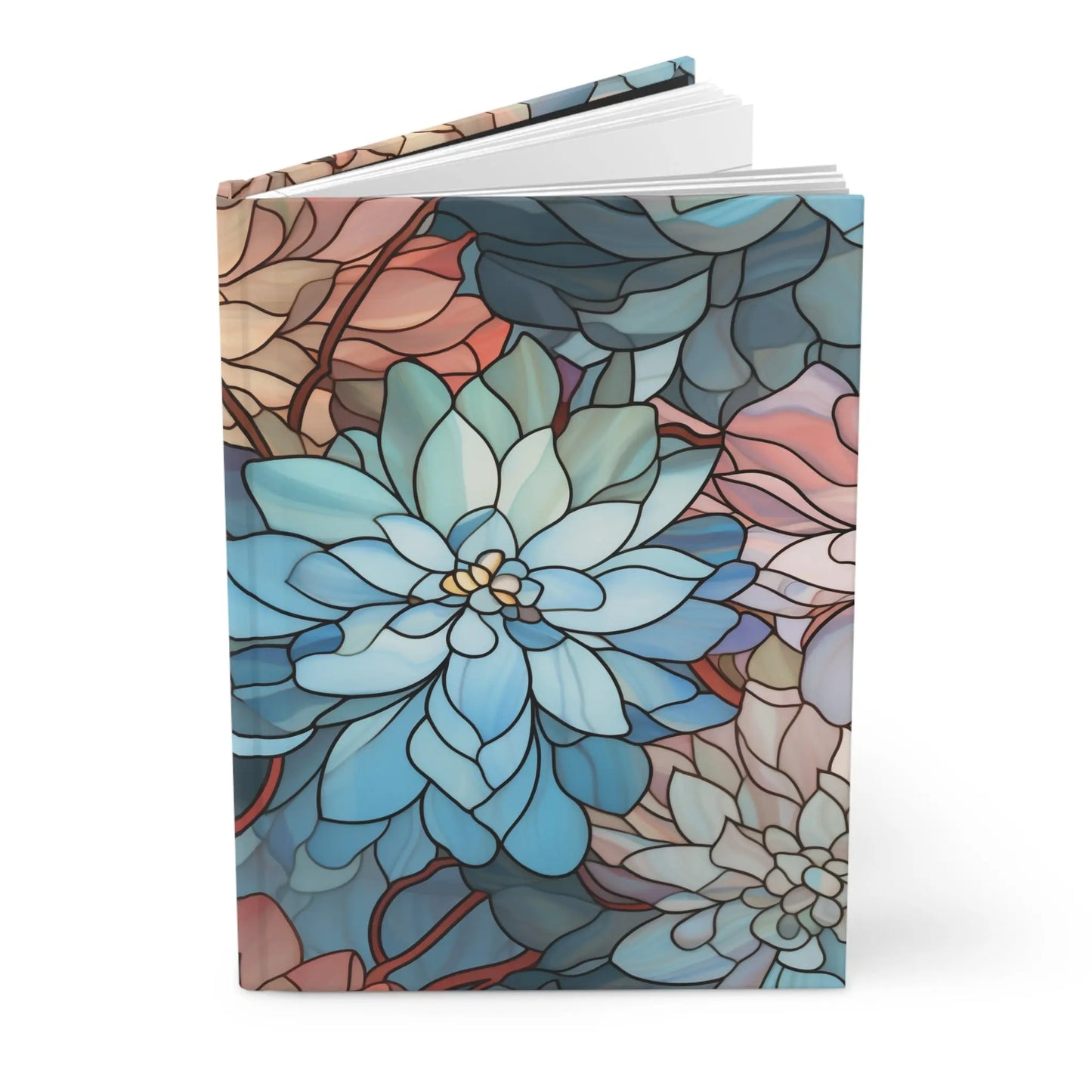 The Stained Glass Dark Flowers Hardcover Journal showcases an intricate, overlapping floral cover design in blue, pink, and beige hues resembling stained glass art, with slightly open pages revealing a peek of the white paper inside.
