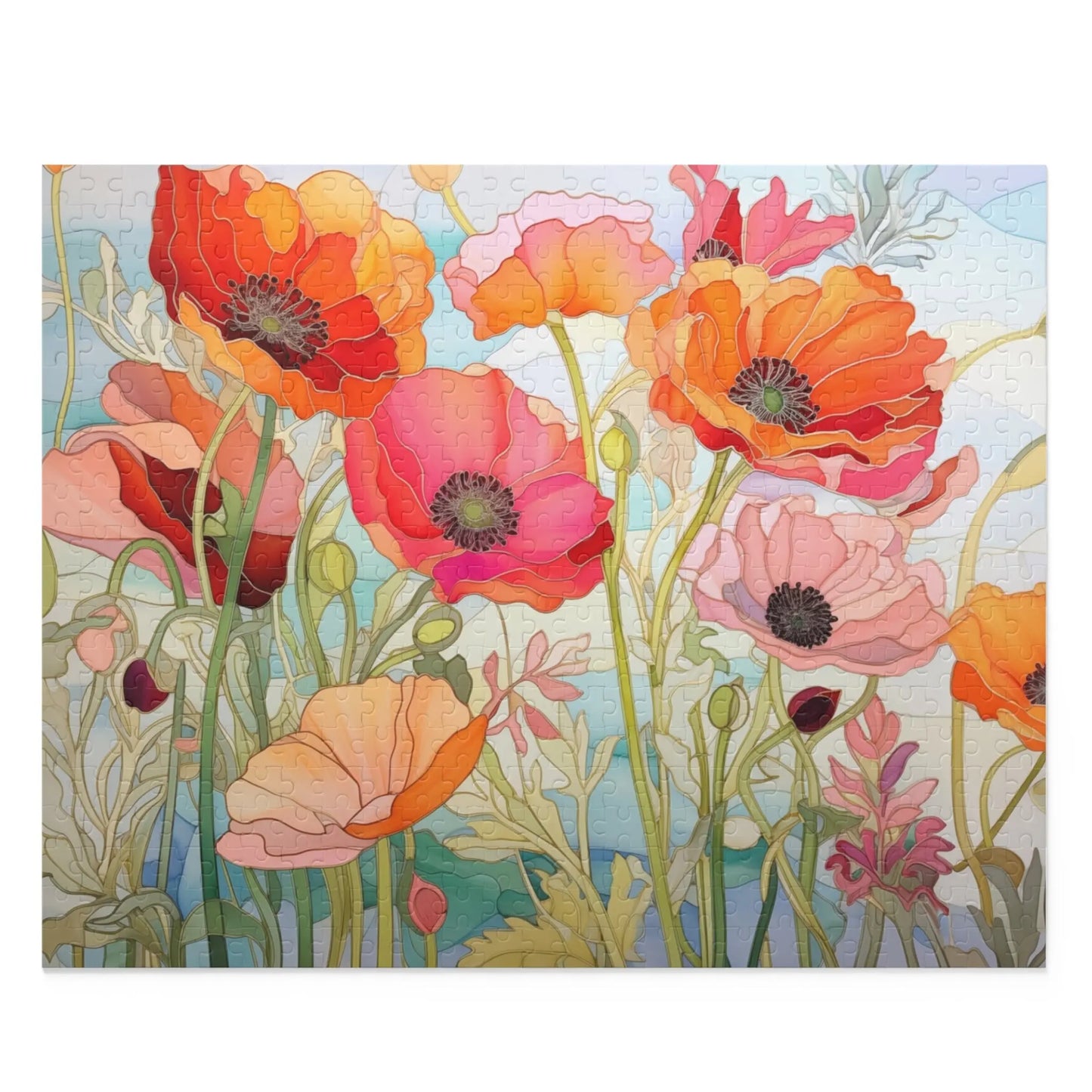 The California Poppies Jigsaw Puzzle features vibrant illustrations of red, orange, pink, and peach poppies with green stems on a light blue backdrop, creating a whimsical garden scene that’s perfect for an artful gift.