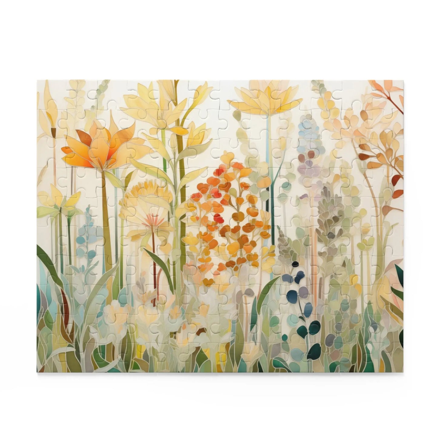 The Autumn Botanicals Jigsaw Puzzle features abstract flowers and foliage in warm tones of yellow, orange, and green against a pale background. Its the perfect art gift for nature lovers, offering a harmonious blend of colorful botanicals.