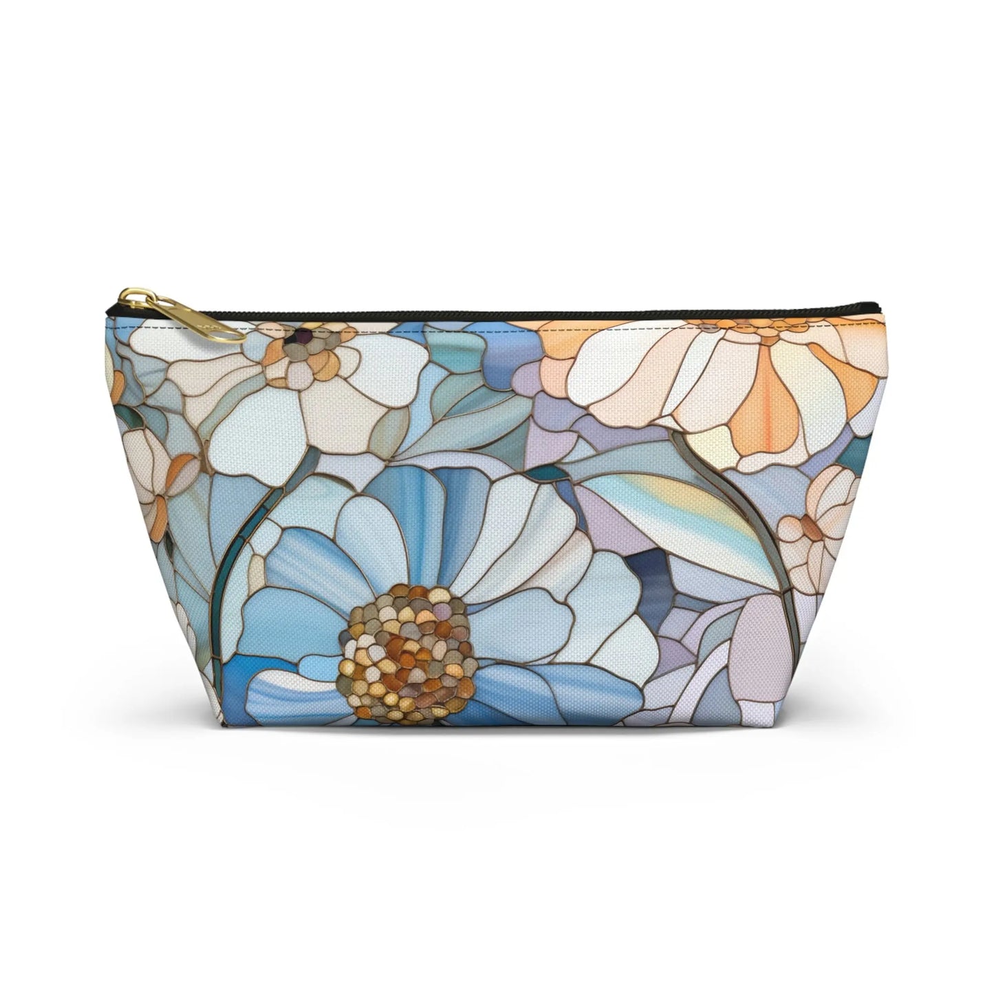 The Stained Glass Flowers Cosmetic Bag is a flat bottom bag with a gold zipper, showcasing large blue, white, and peach flowers. The centers are small brown and beige circles on a white background—ideal as a unique boho gift.