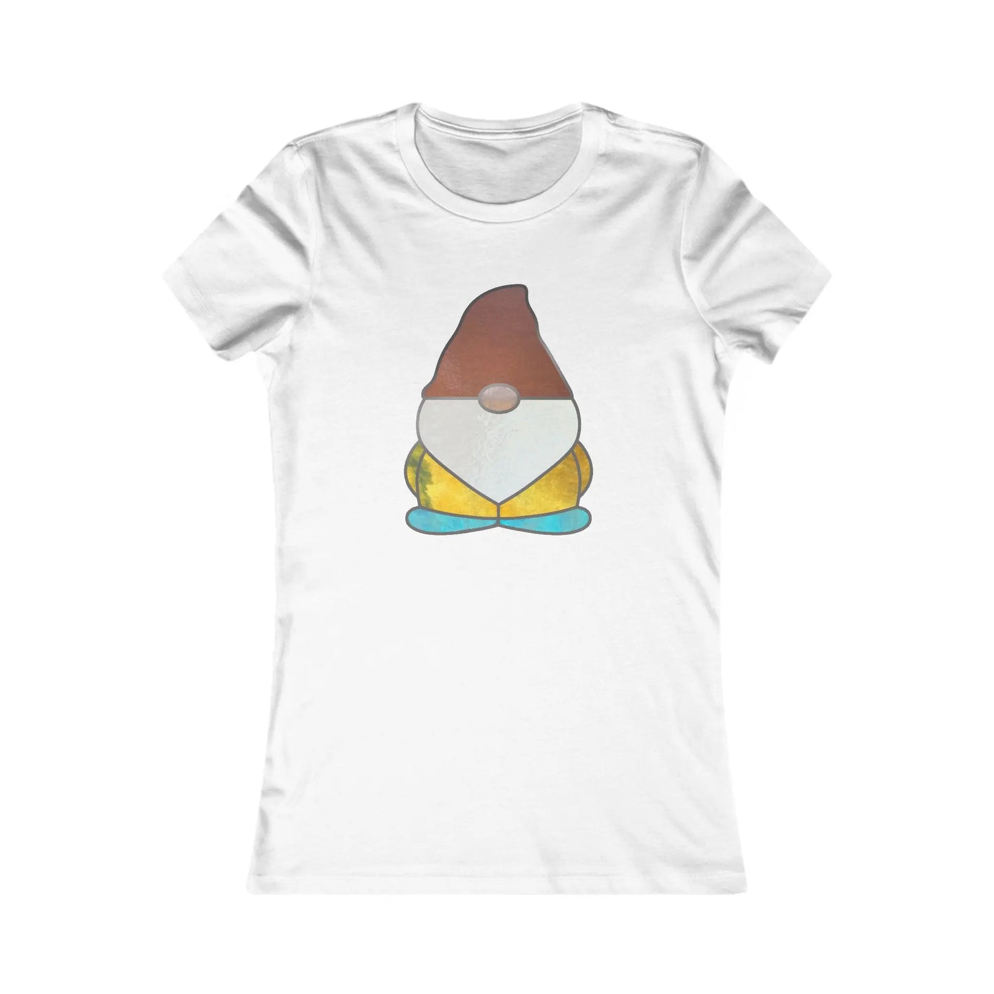 The Stained Glass Gnome Womens Tee Shirt highlights a sustainable design of a gnome with a red hat, white beard, yellow coat, and blue shoes centered on the front.