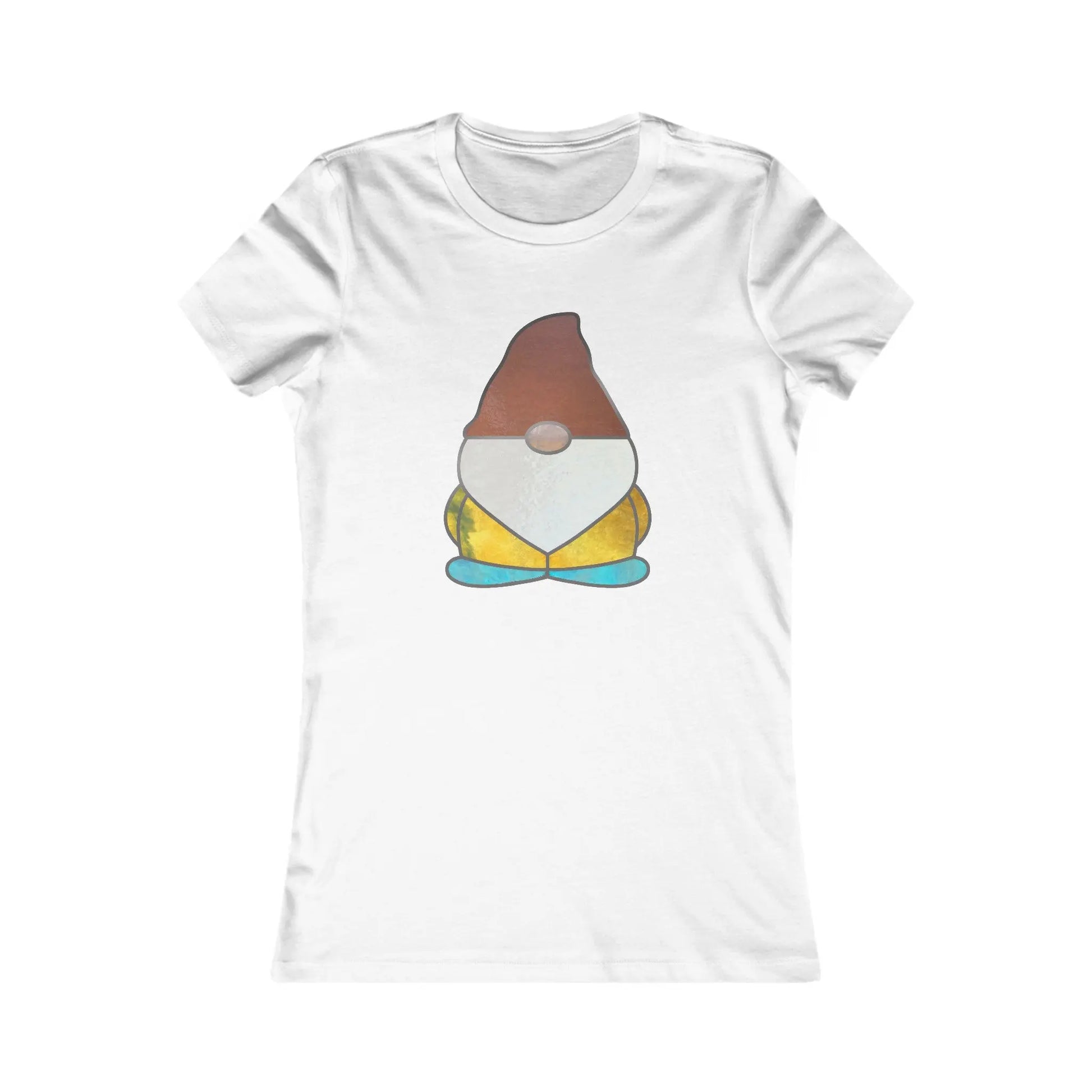The Stained Glass Gnome Womens Tee Shirt highlights a sustainable design of a gnome with a red hat, white beard, yellow coat, and blue shoes centered on the front.