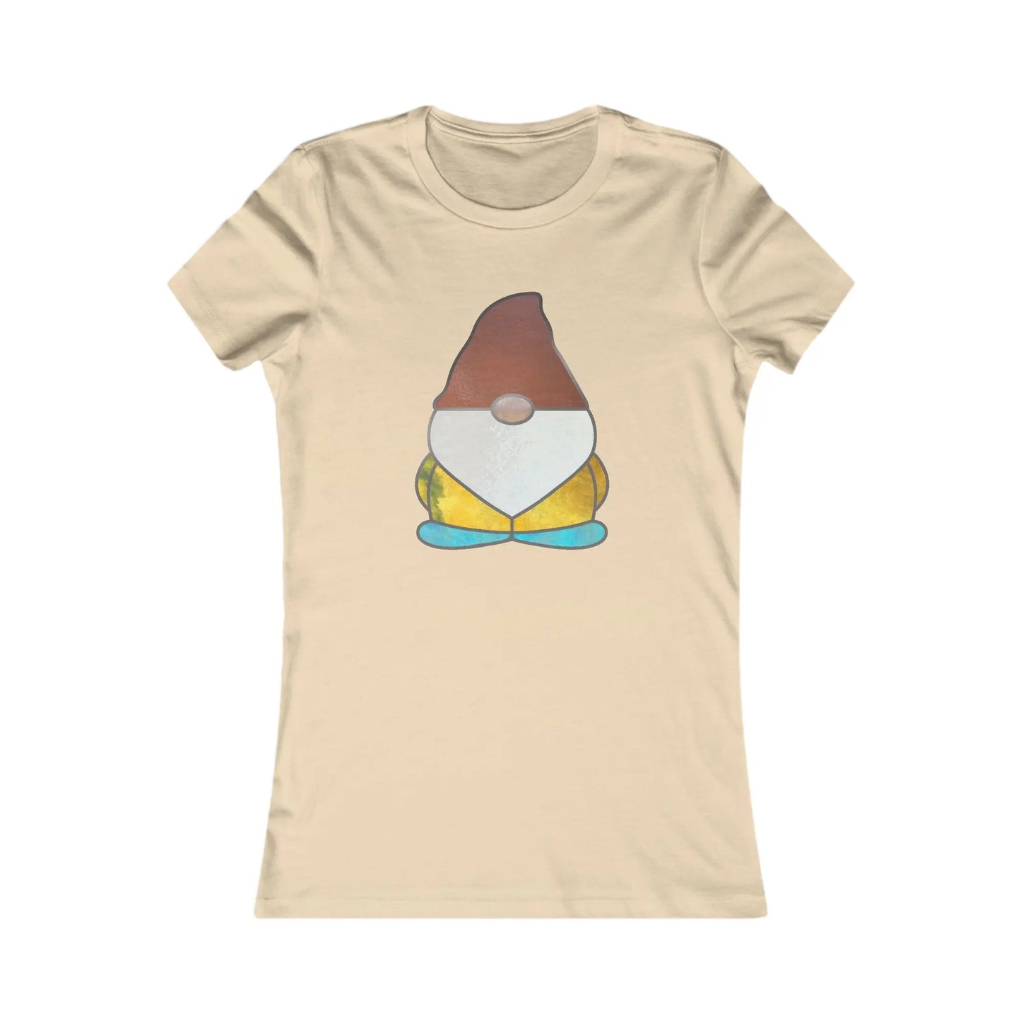 The sustainable beige Stained Glass Gnome Womens Tee Shirt features a charming cartoon gnome in a red hat, white beard, yellow outfit, and blue shoes.