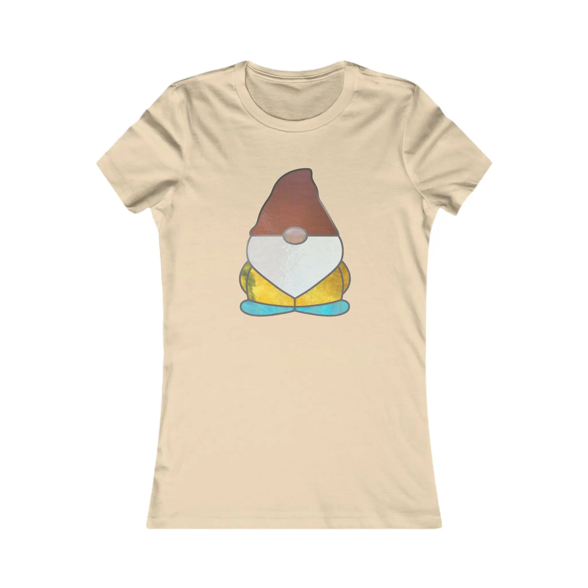 The sustainable beige Stained Glass Gnome Womens Tee Shirt features a charming cartoon gnome in a red hat, white beard, yellow outfit, and blue shoes.
