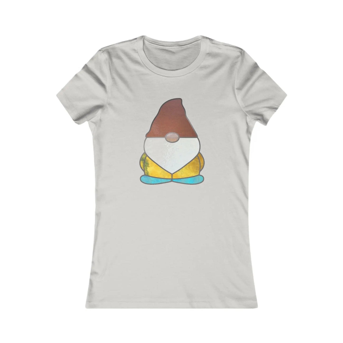 The Stained Glass Gnome Womens Tee Shirt is sustainable and light gray, featuring a cartoon gnome with stained glass design. The gnome wears a brown hat, white beard, yellow outfit, and blue shoes on the plain backdrop.