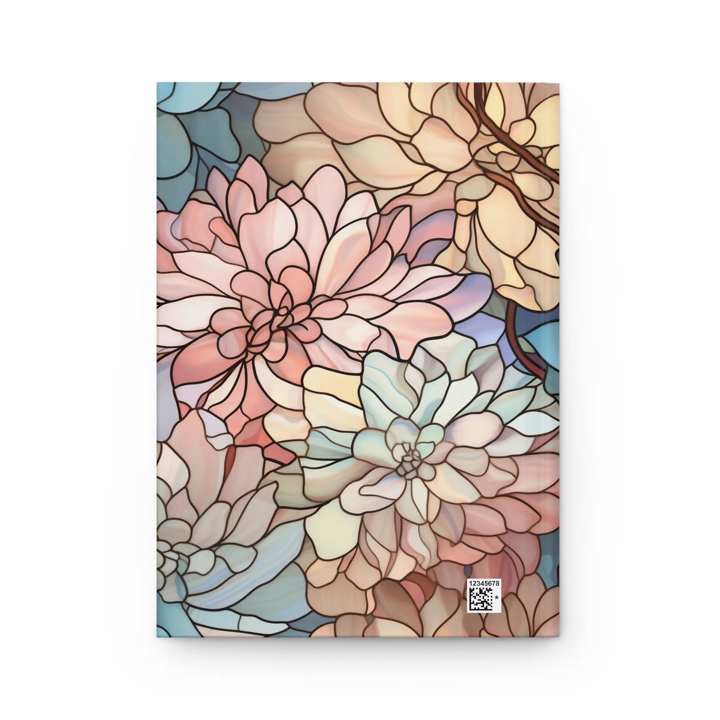 The Stained Glass Dark Flowers Hardcover Journal features a vibrant illustration with succulent petals in pastel pink, blue, and beige. Dark outlines add depth, while a small QR code in the corner hints at the journals unique origin.