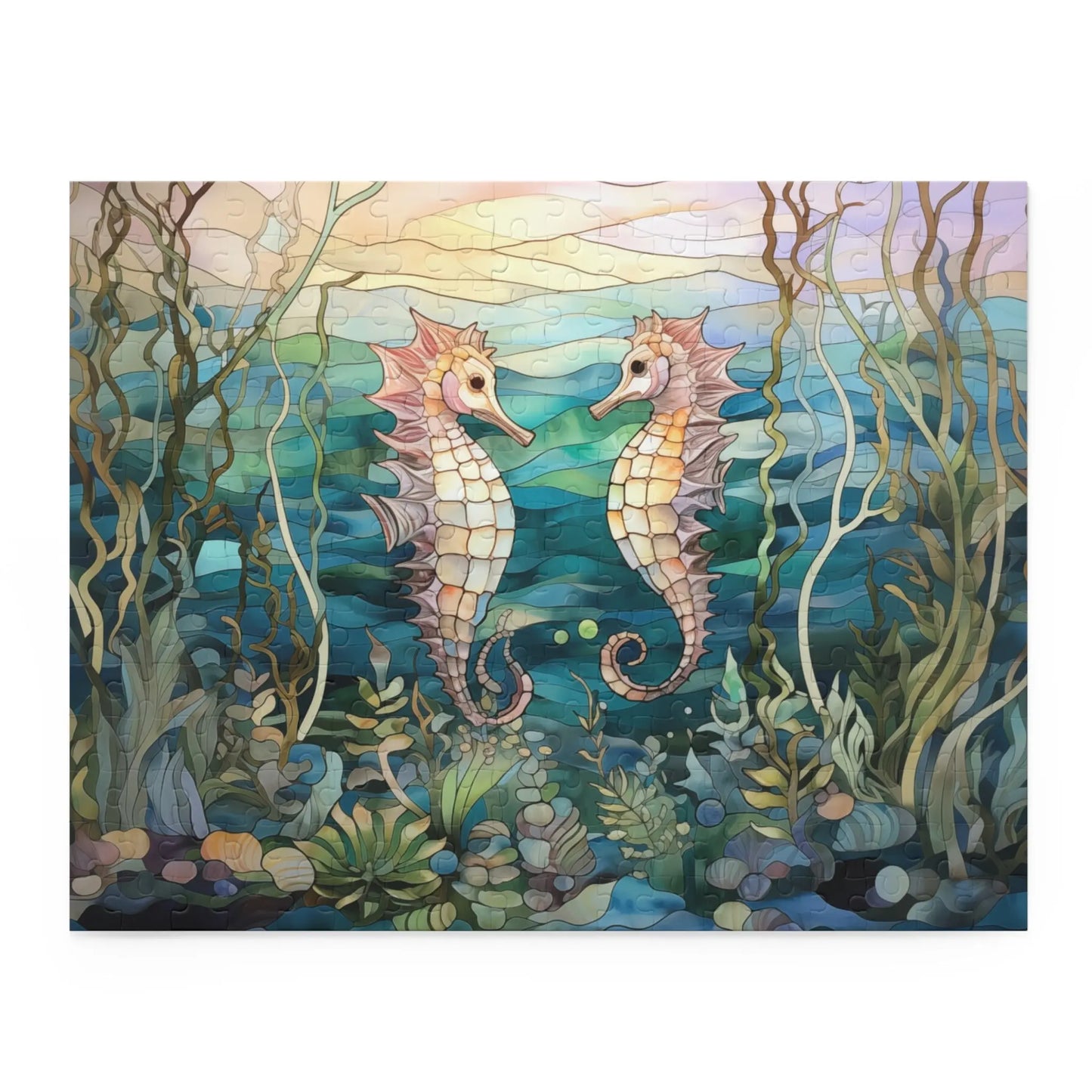 The Stained Glass Seahorses Jigsaw Puzzle features two seahorses facing each other in an underwater scene with seaweed and coral, all in blue and green hues with soft light. Its perfect for nature lovers and serves as great puzzle inspiration.