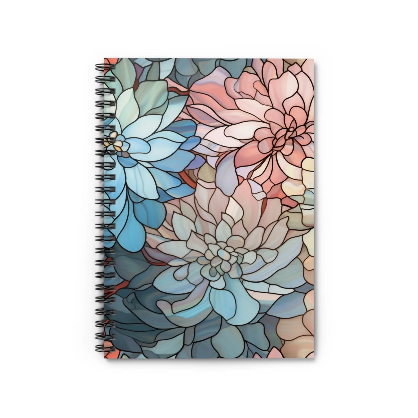 The Stained Glass Dark Flowers Spiral Notebook features a spiral-bound cover with an intricate floral design in blue, pink, and beige. Large, layered flowers create a premium stained glass effect, making it an ideal gift.