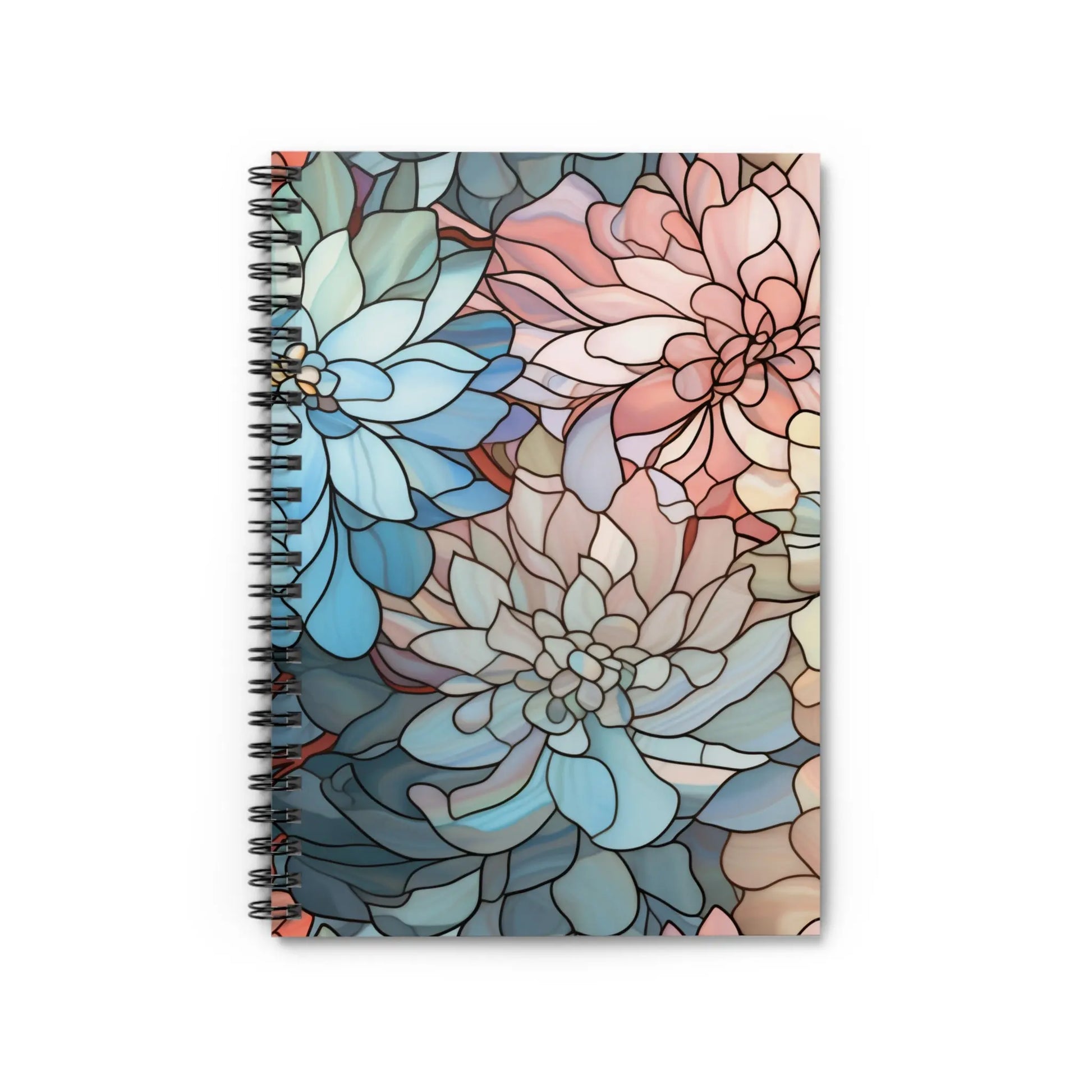 The Stained Glass Dark Flowers Spiral Notebook features a spiral-bound cover with an intricate floral design in blue, pink, and beige. Large, layered flowers create a premium stained glass effect, making it an ideal gift.