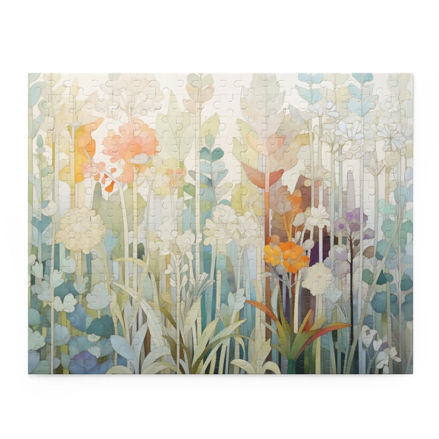 The Pastel Botanicals Jigsaw Puzzle displays an artistic illustration of tall plants and flowers in pastel hues such as orange, pink, blue, and green. Crafted from high-quality chipboard pieces, it creates a serene and whimsical garden scene.