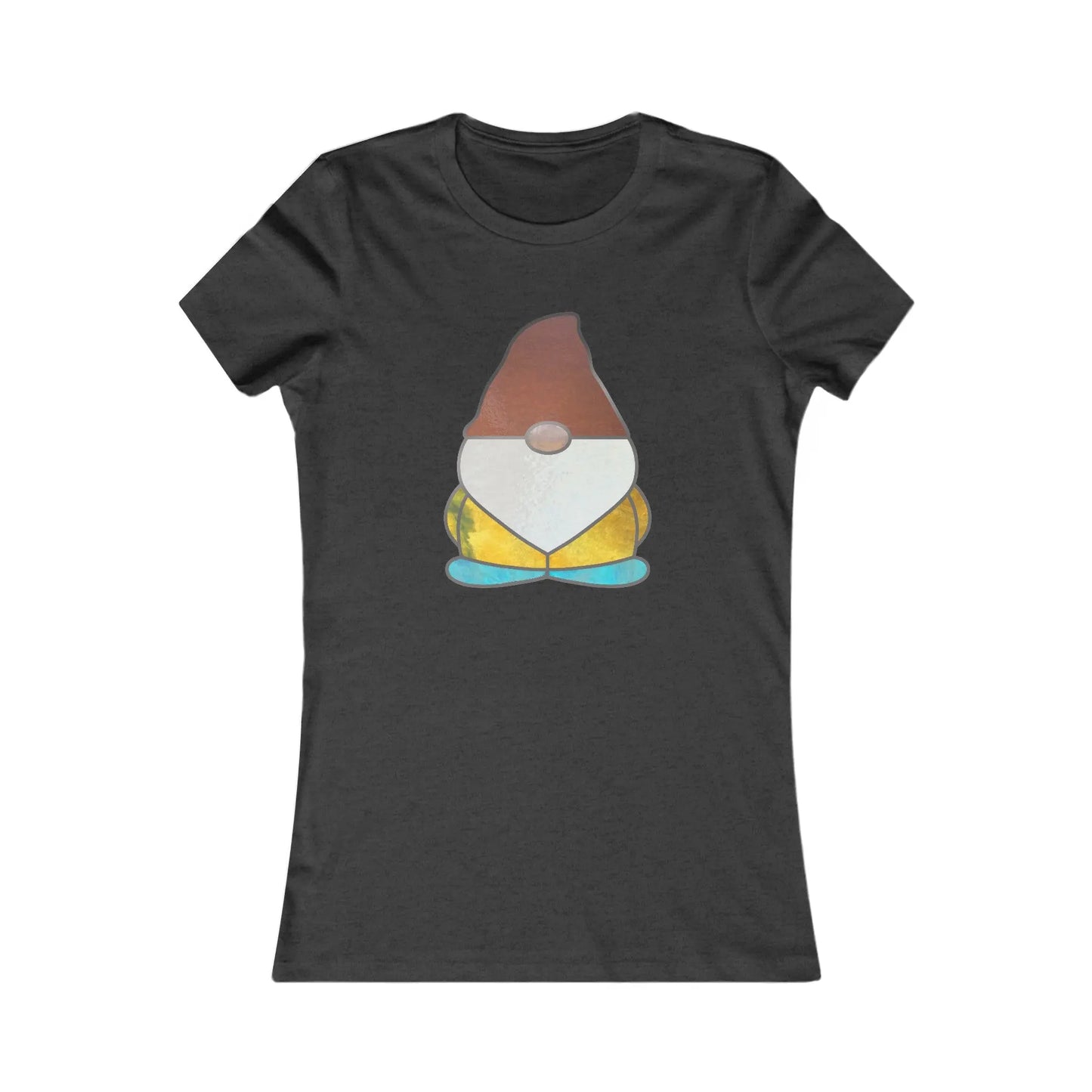 The Stained Glass Gnome Womens Tee Shirt is a sustainable black fitted t-shirt featuring a whimsical gnome with a pointy hat, round body, boots, and bright yellow pants. The chest patch showcases a stained glass design, balancing minimalism and playfulness.