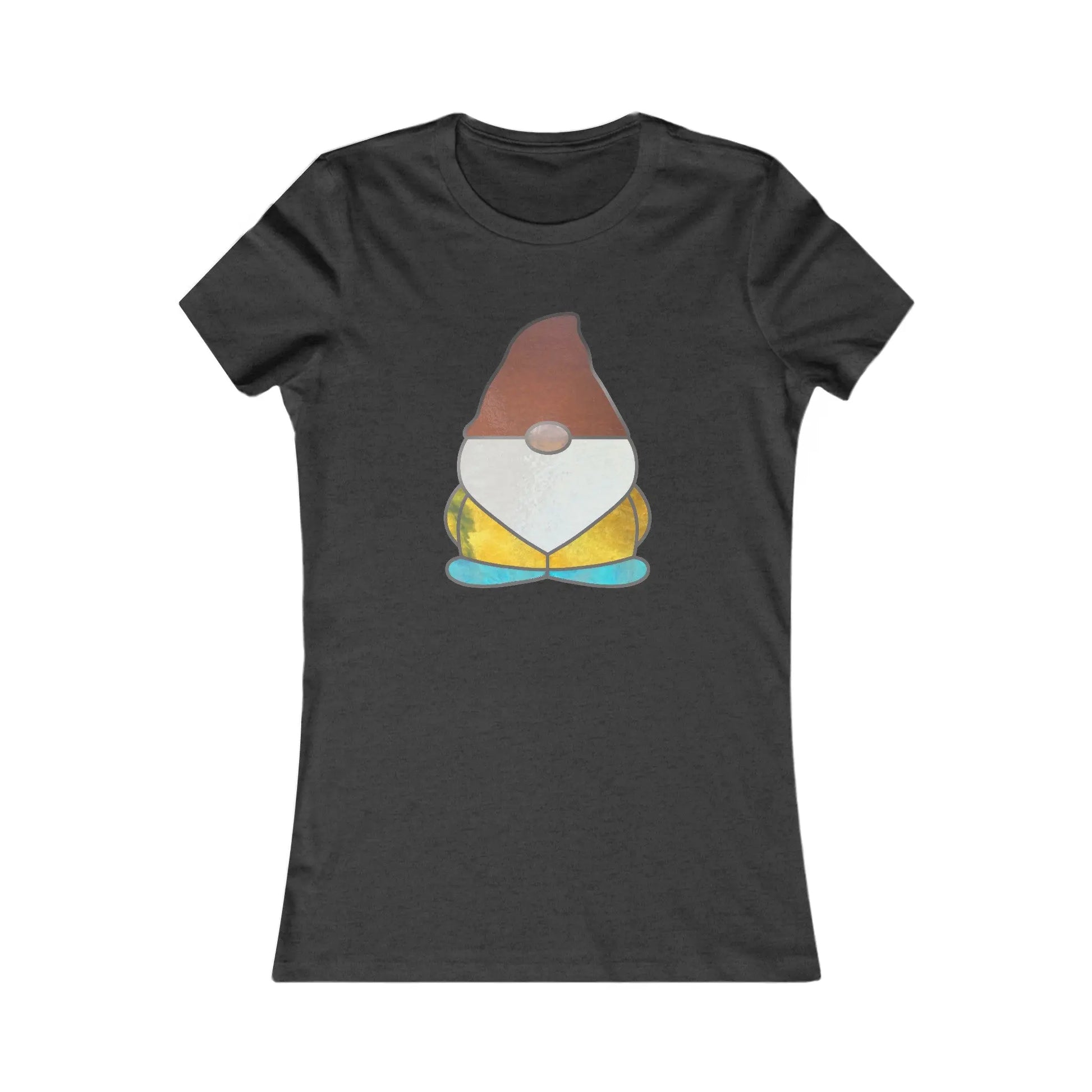 The Stained Glass Gnome Womens Tee Shirt is a sustainable black fitted t-shirt featuring a whimsical gnome with a pointy hat, round body, boots, and bright yellow pants. The chest patch showcases a stained glass design, balancing minimalism and playfulness.