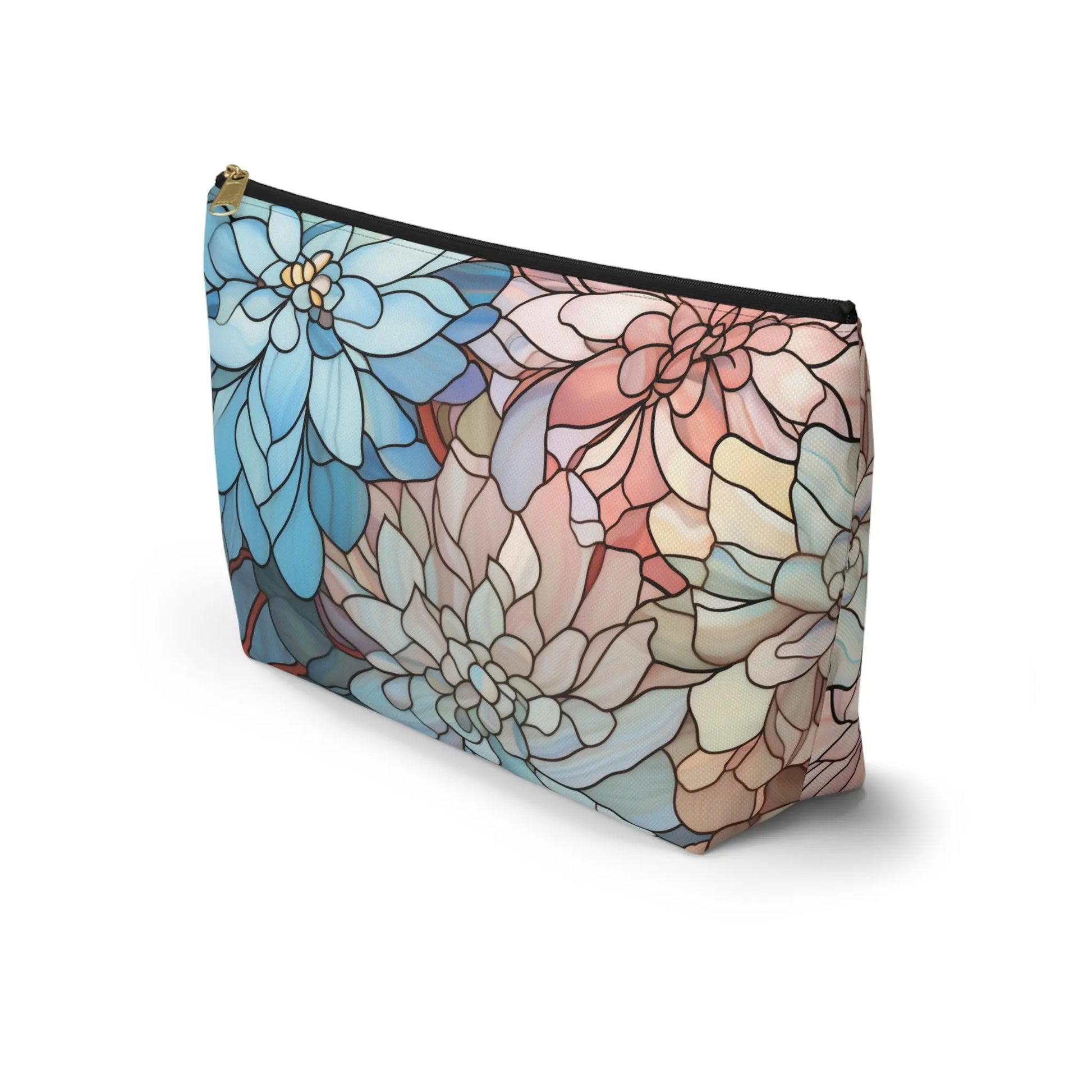 The Stained Glass Dark Flowers Cosmetic Bag features a floral design in blue, pink, and beige resembling stained glass. With a zipper closure, its perfect as a boho gift and is pictured standing against a plain white background.