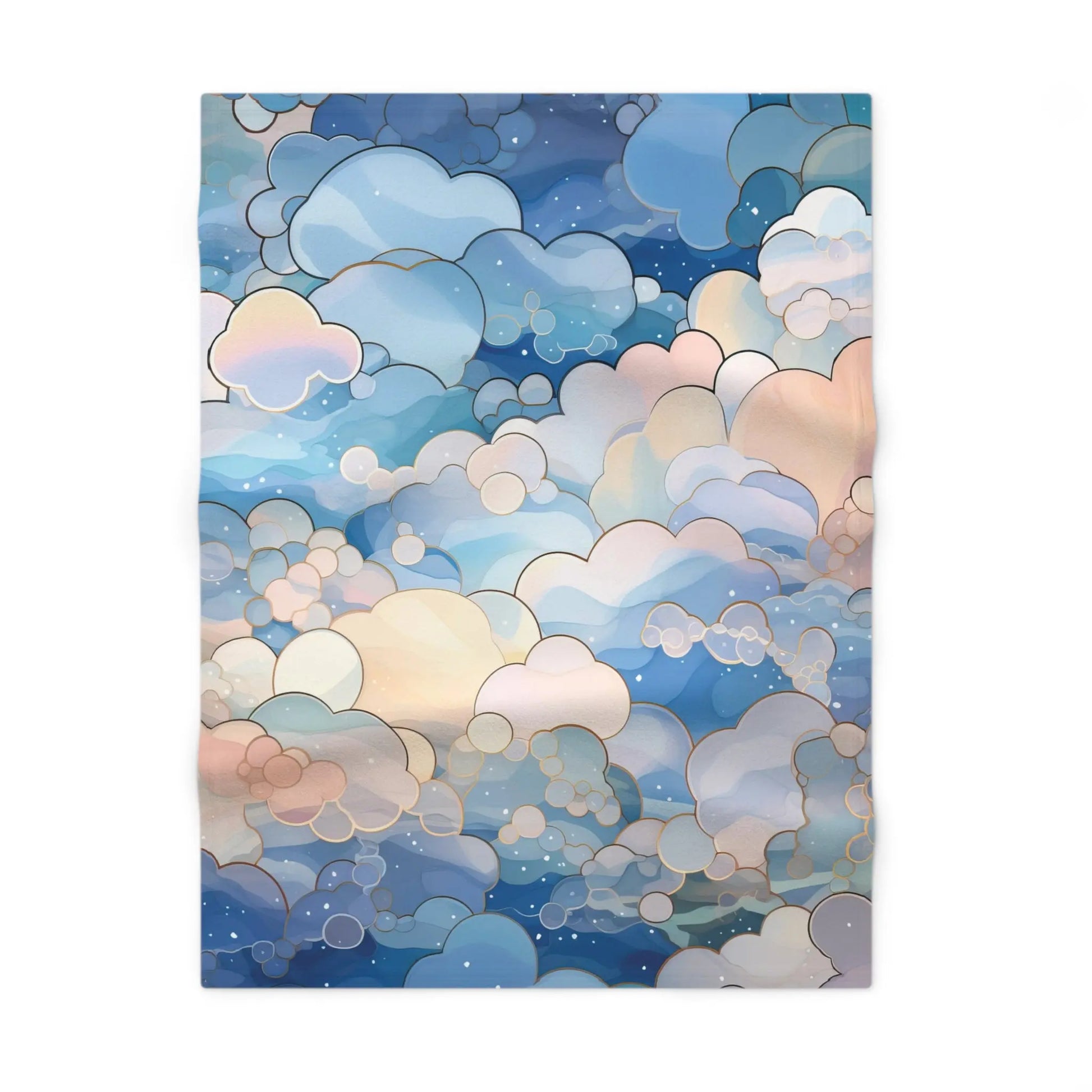 A picture of the Stained Glass Clouds Boho Baby Blanket, Blue Clouds Print from GlassyRock Arts.