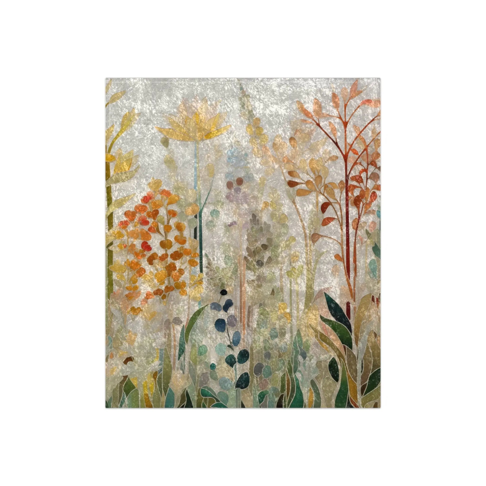 The Stained Glass Fall Flowers Crushed Velvet & Fleece Blanket (50x60) showcases abstract tall flowers and plants with textured leaves in warm tones against a muted gray background, capturing the ethereal beauty and soft glow of a stained glass design.