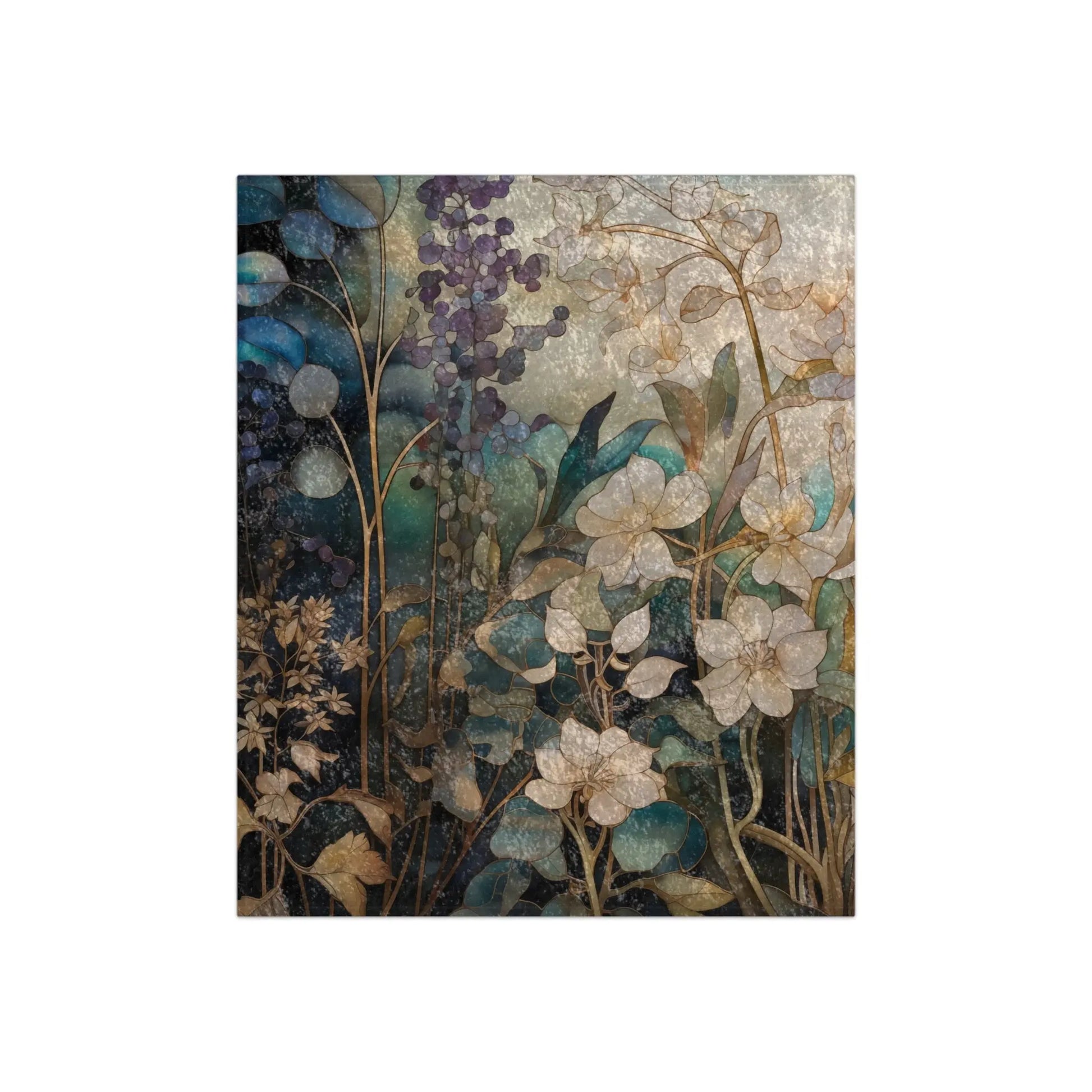 The Stained Glass Midnight Flowers blanket features an artistic depiction of textured florals, leaves, and branches in blue, teal, green, and gold. This abstract design resembles stained glass, creating a dreamy botanical scene on crushed velvet and soft fleece. Size: 50x60.