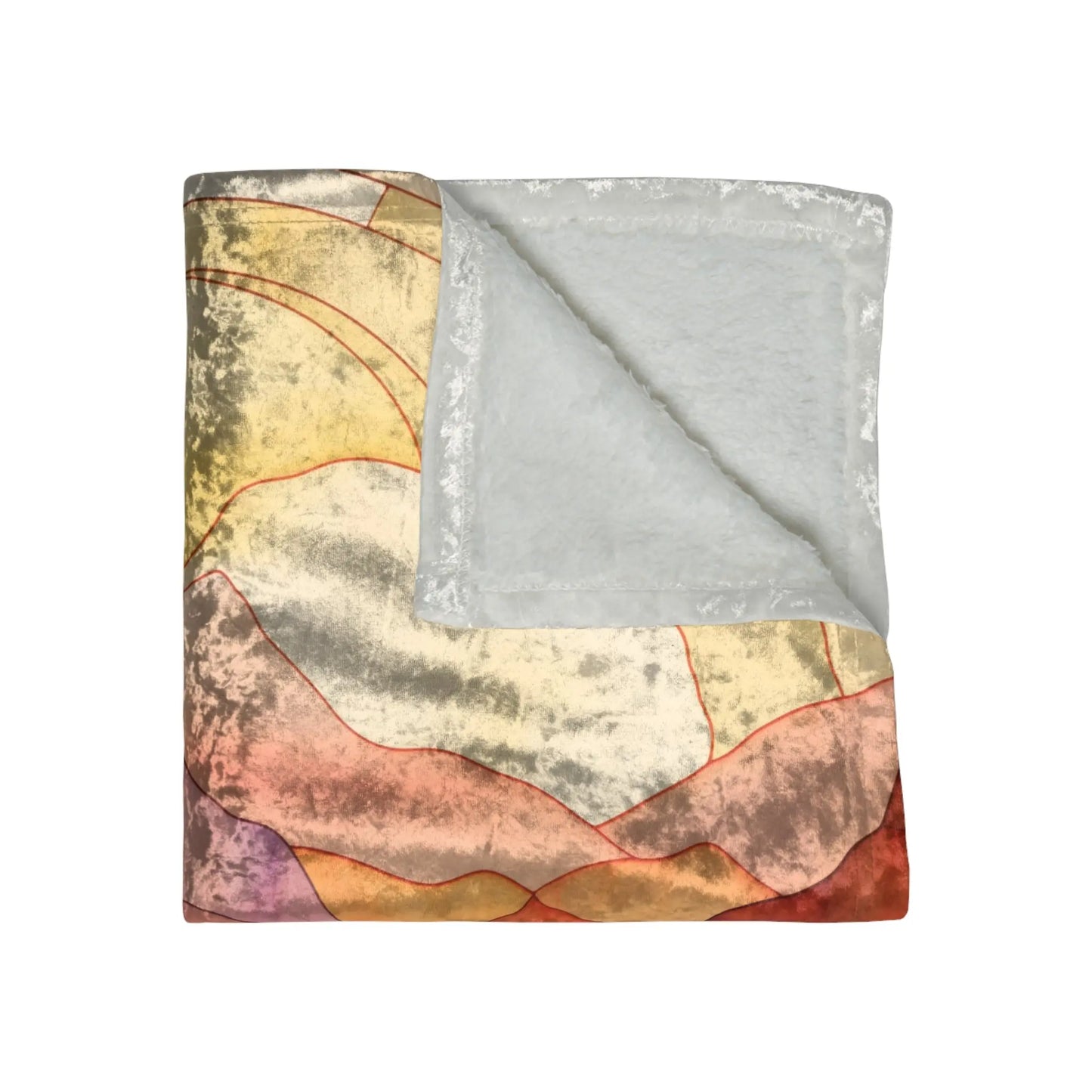 The Stained Glass Desert Sunset Crushed Velvet Blanket (50x60) features earthy brown, red, orange, and yellow tones in an abstract pattern on one side and cozy light gray fleece on the other, with wavy lines resembling rainbow ferns stained glass.
