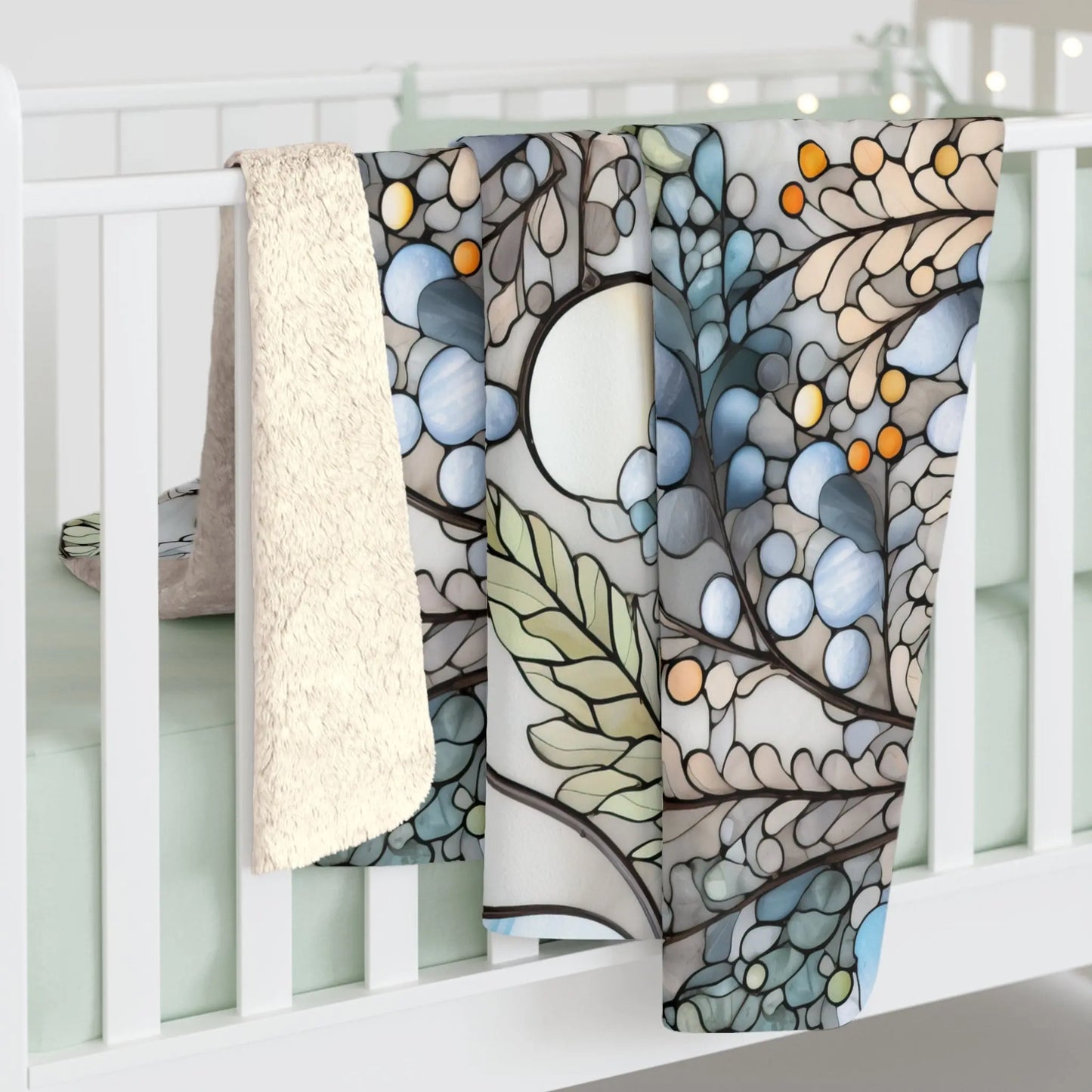 Two blankets drape over a white crib rail: one is fluffy and cream-colored, while the other is the Stained Glass Nouveau Ferns Sherpa Fleece Blanket with an intricate leaf, berry, and circular design in blue, orange, and green.