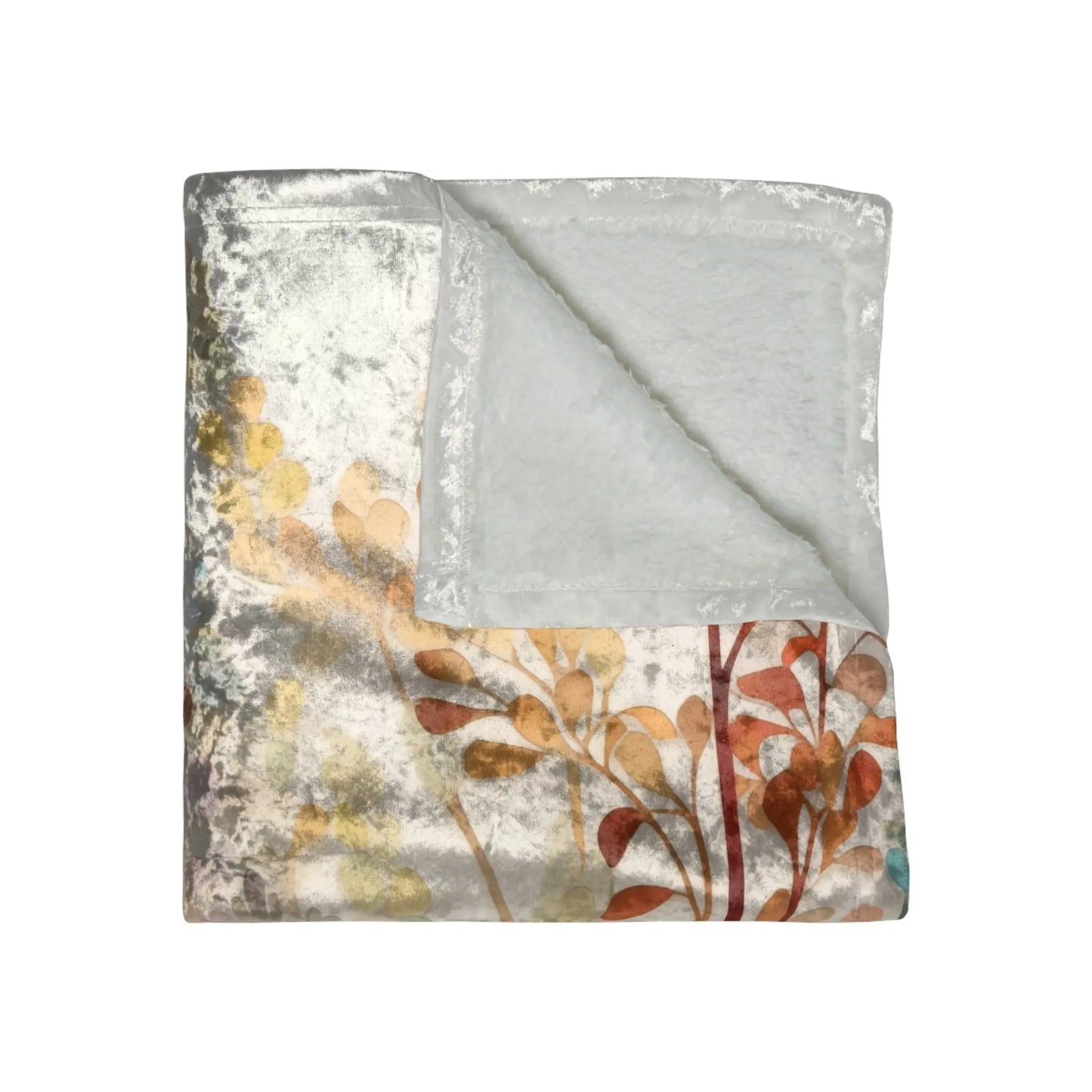 The Stained Glass Fall Flowers Crushed Velvet & Fleece Blanket (50x60) features a leafy pattern in earthy tones on plush velvet resembling stained glass and a soft, fuzzy gray fleece on the other side.