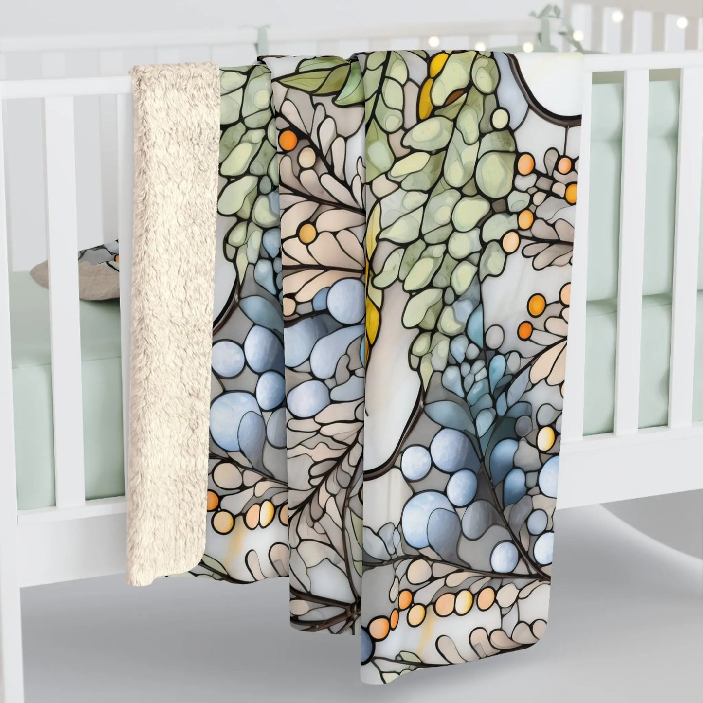 The Stained Glass Nouveau Ferns Sherpa Fleece Blanket, draped over a light green crib, features a colorful, intricate design with abstract shapes like a botanical stained glass pattern in blue, green, orange, and beige tones. Its reverse side is plush cream-colored velveteen.
