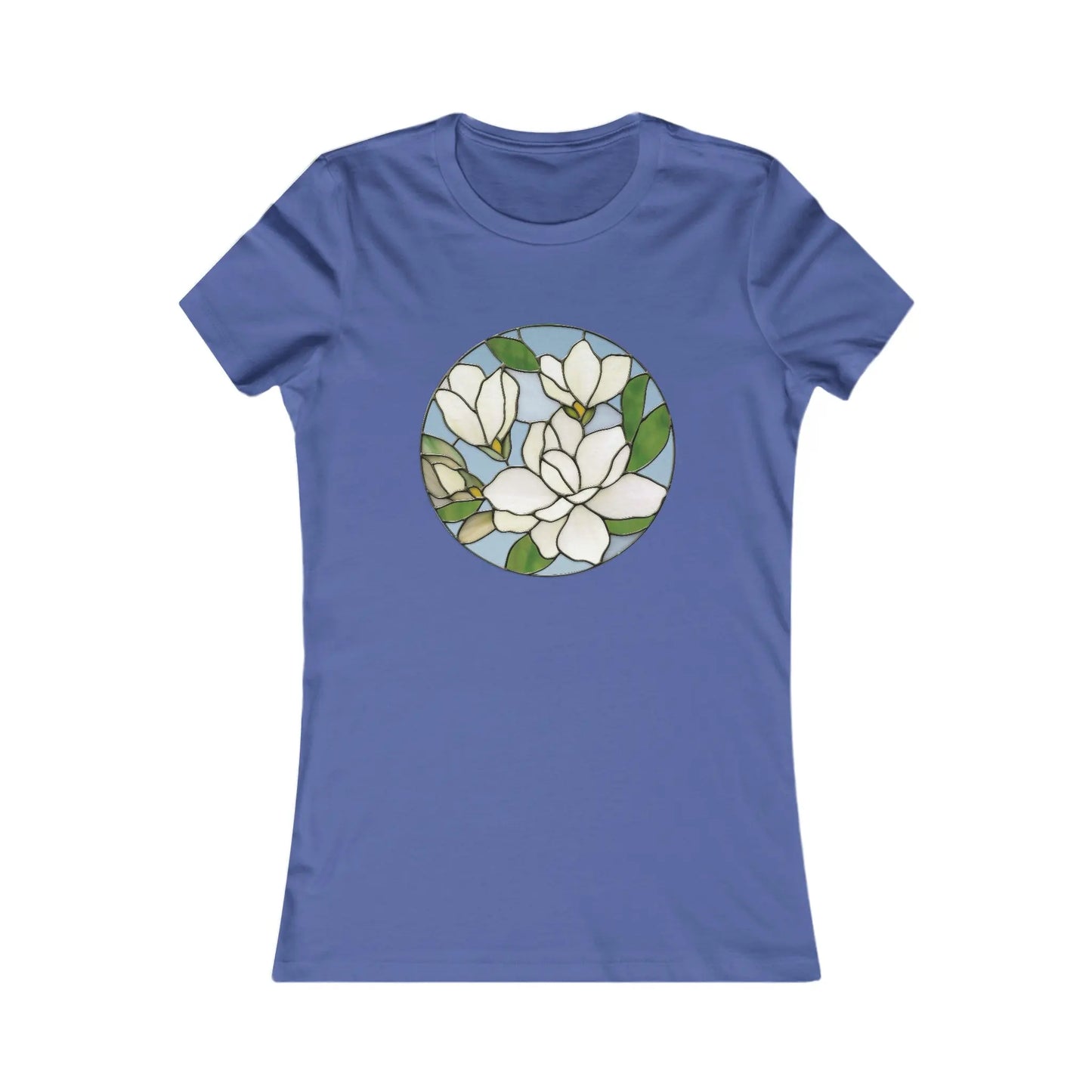 The Stained Glass Magnolia Womens Tee Shirt is a comfortable blue top featuring a stained glass design with circular patterns of white magnolia flowers and green leaves.