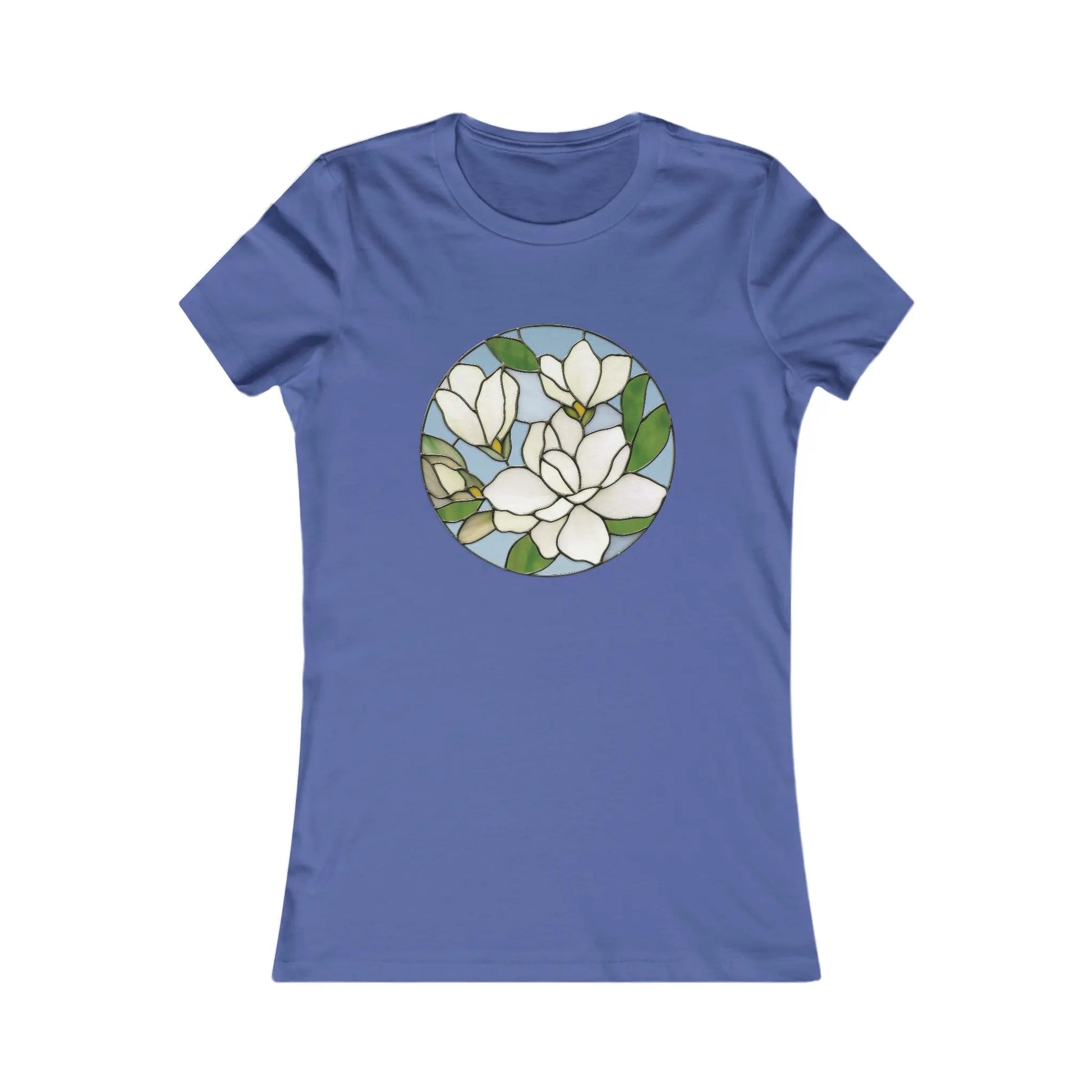 The Stained Glass Magnolia Womens Tee Shirt is a comfortable blue top featuring a stained glass design with circular patterns of white magnolia flowers and green leaves.