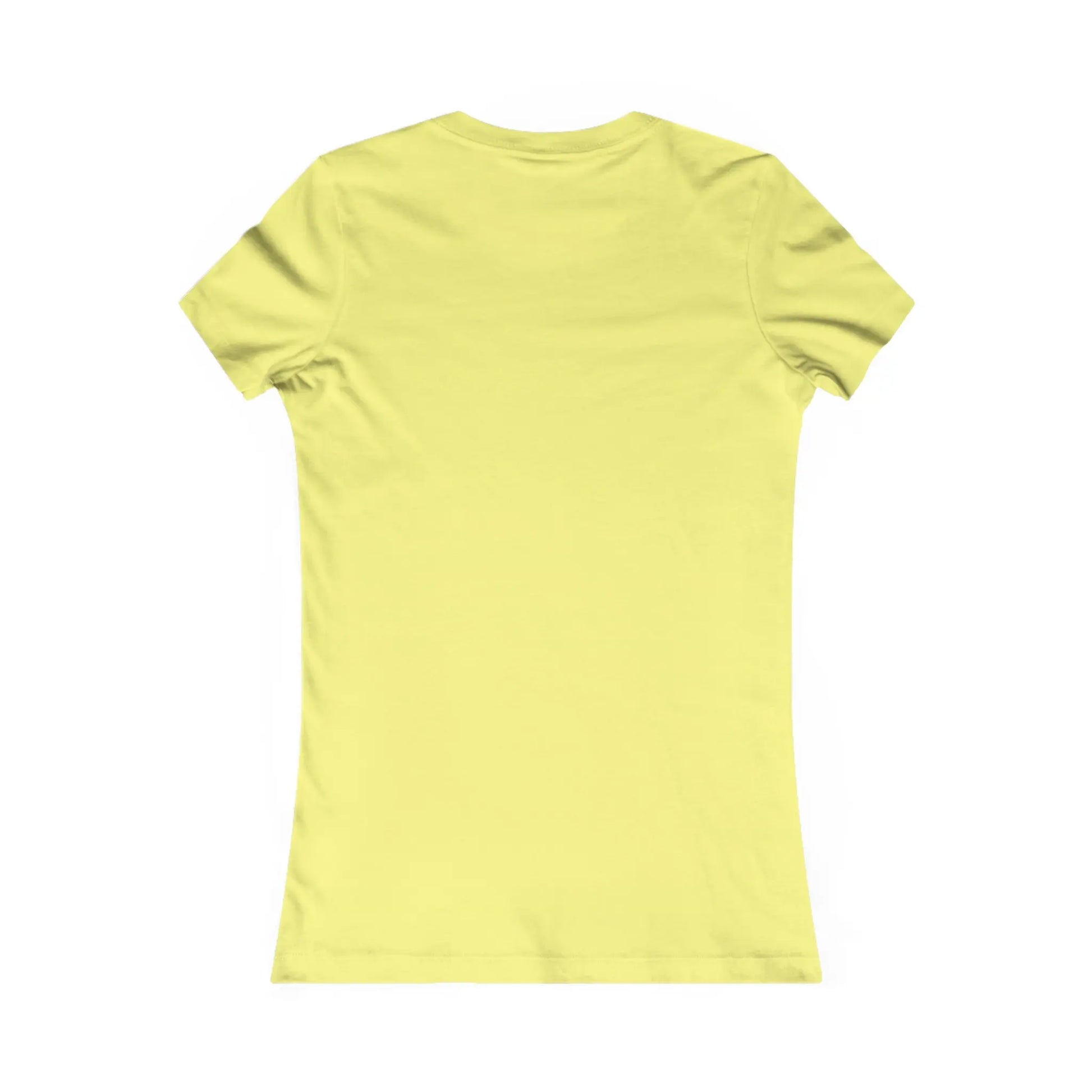 The back view of a simple, minimalist Stained Glass Sunflower Womens Tee Shirt is shown in plain yellow on a white background. This fitted Bella+Canvas T-shirt features short sleeves and embodies sustainable fashion.