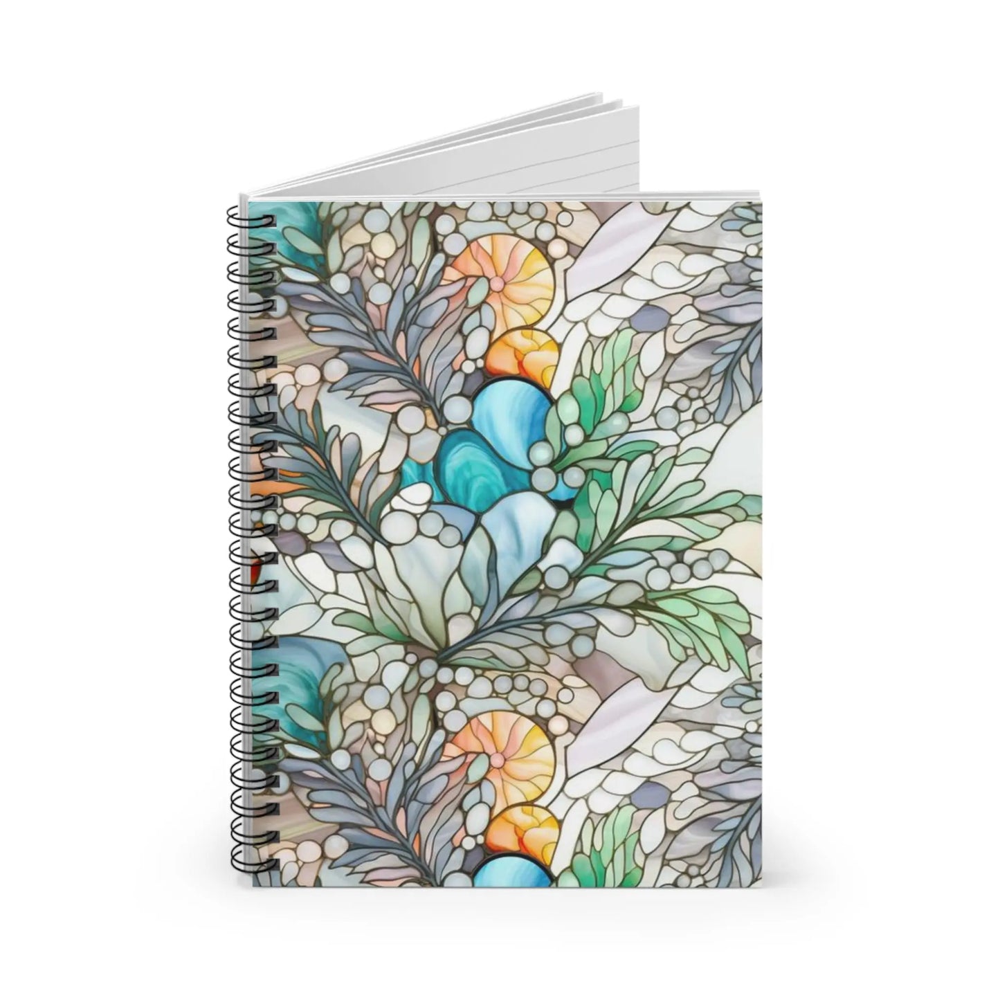 A picture of the Stained Glass Ferns Lined Spiral Notebook from GlassyRock Arts.