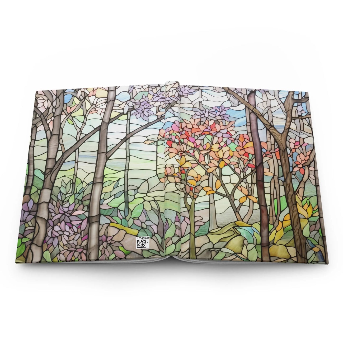 A picture of the Stained Glass Spring Forest Hardcover Journal from GlassyRock Arts.