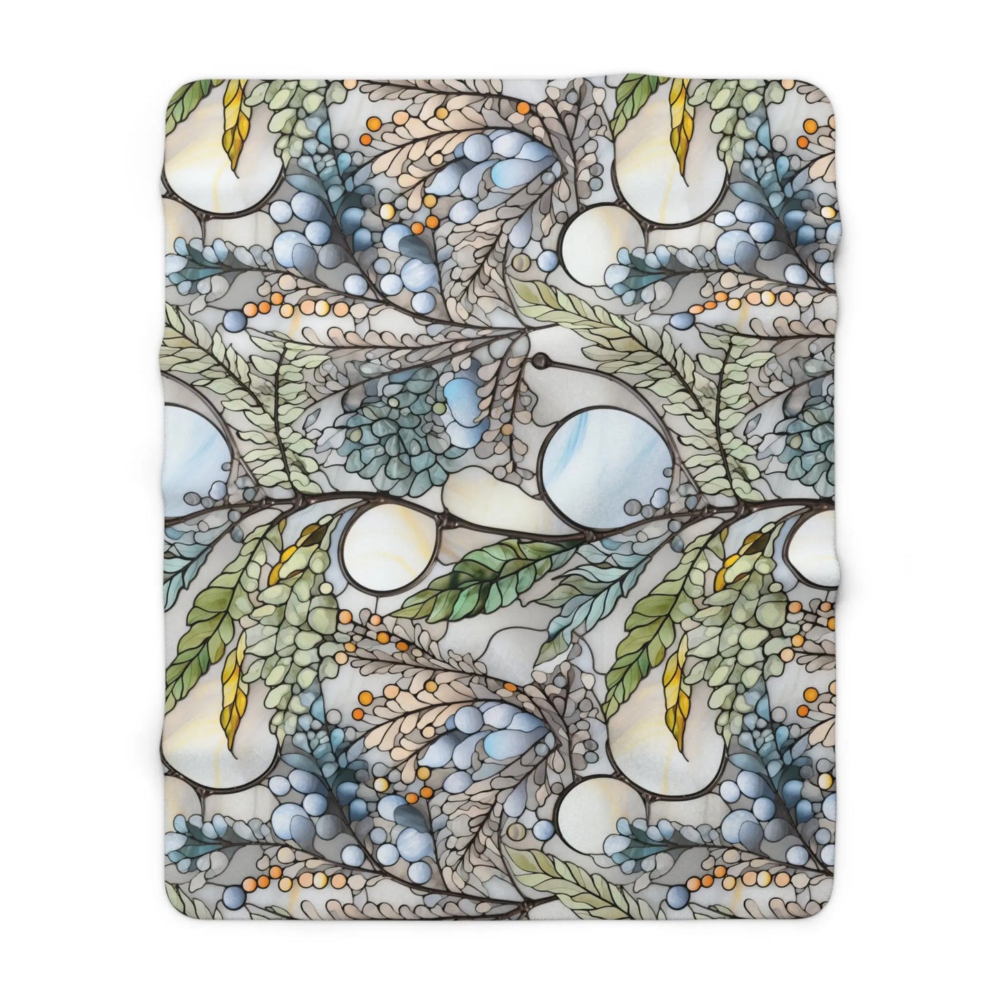 The Stained Glass Nouveau Ferns Sherpa Fleece Blanket showcases an abstract design with swirling leaves, berries, and circular elements in blue, green, and yellow. Its symmetrical composition offers a boho print or stained glass appeal.