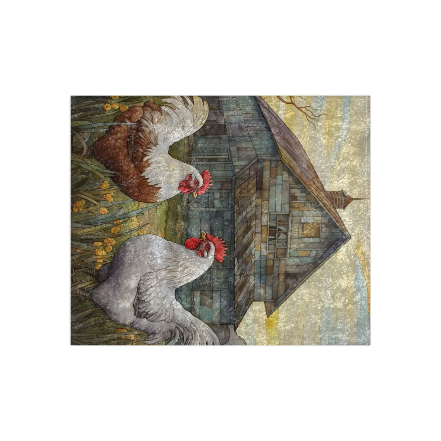 The Stained Glass Chickens Crushed Velvet & Fleece Blanket (50x60) depicts two chickens with red combs on a vibrant grass and yellow flower design, set against a rustic wooden barn and tree branch under a light, textured sky.