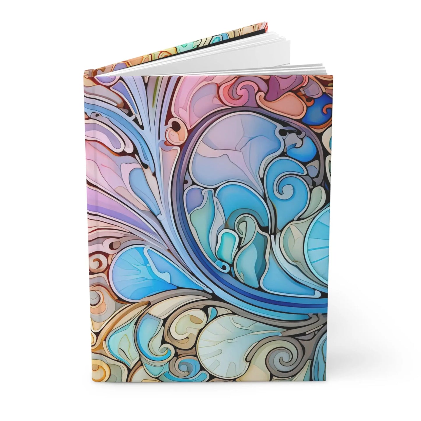 The Rainbow Paisley Stained Glass Hardcover Journal features a vibrant abstract cover with a stained glass-inspired floral pattern in blue, pink, and beige. Its matte finish and blank pages offer an elegant, artistic appeal.