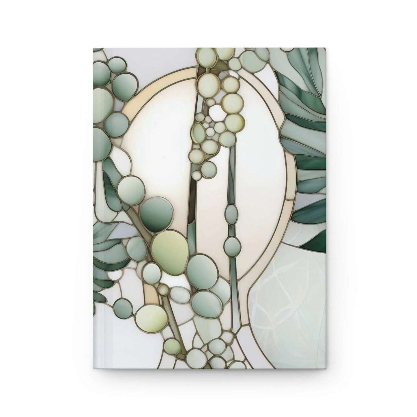The Retro Stained Glass Ferns Hardcover Journal showcases a matte hardcover with a retro design, featuring intertwined green and beige ovals resembling leaves and stems on a white background.