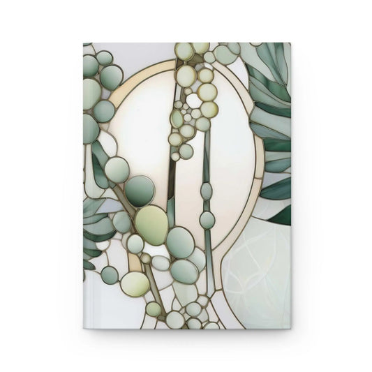 The Retro Stained Glass Ferns Hardcover Journal showcases a matte hardcover with a retro design, featuring intertwined green and beige ovals resembling leaves and stems on a white background.