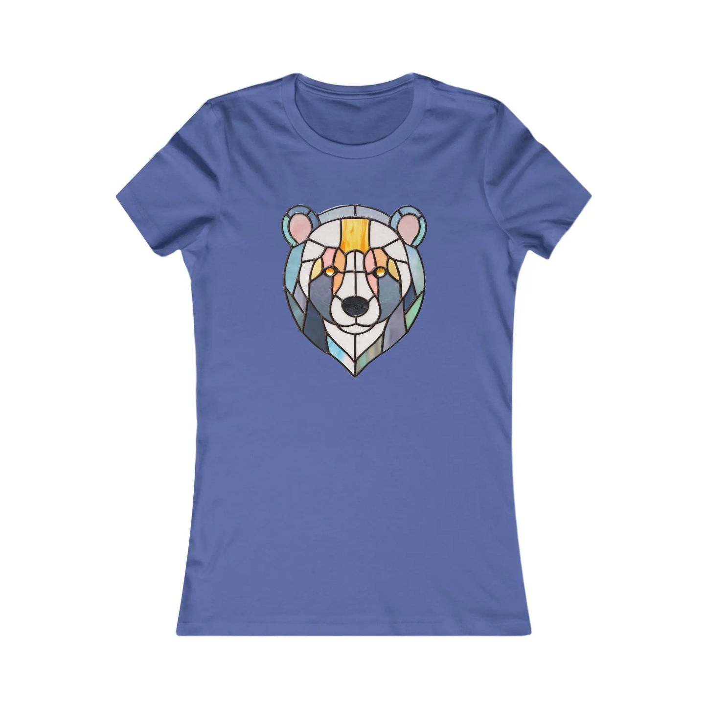 The Stained Glass Patchwork Bear Womens Tee Shirt features a geometric bear face with multicolored facets in blue, orange, and yellow. The sustainable blue t-shirts design resembles a stained glass piece, centering the bears face artistically.