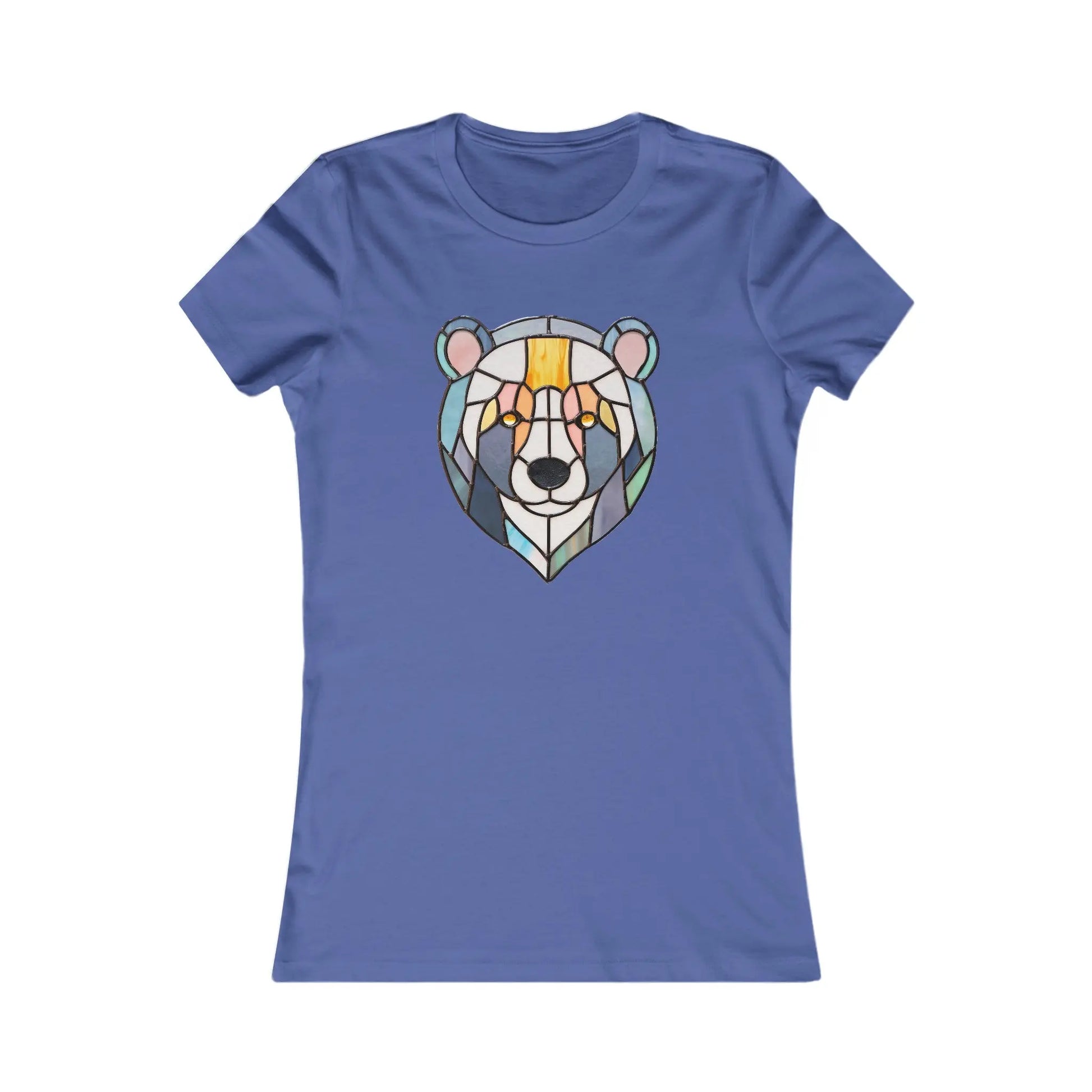 The Stained Glass Patchwork Bear Womens Tee Shirt features a geometric bear face with multicolored facets in blue, orange, and yellow. The sustainable blue t-shirts design resembles a stained glass piece, centering the bears face artistically.