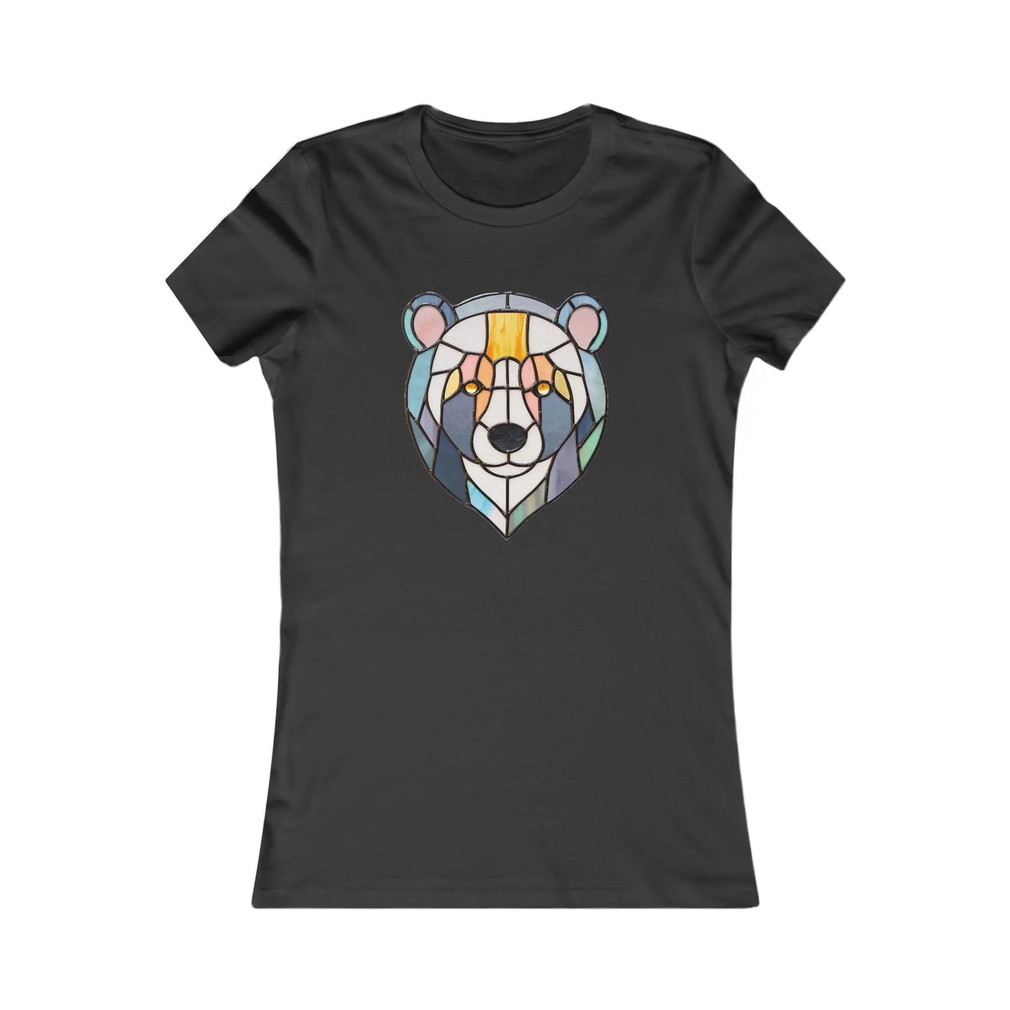 Explore the Stained Glass Patchwork Bear Womens Tee Shirt, featuring an original geometric, multicolored bear face on dark gray fabric. The design combines various colors and shapes to create an impressive stained-glass effect.