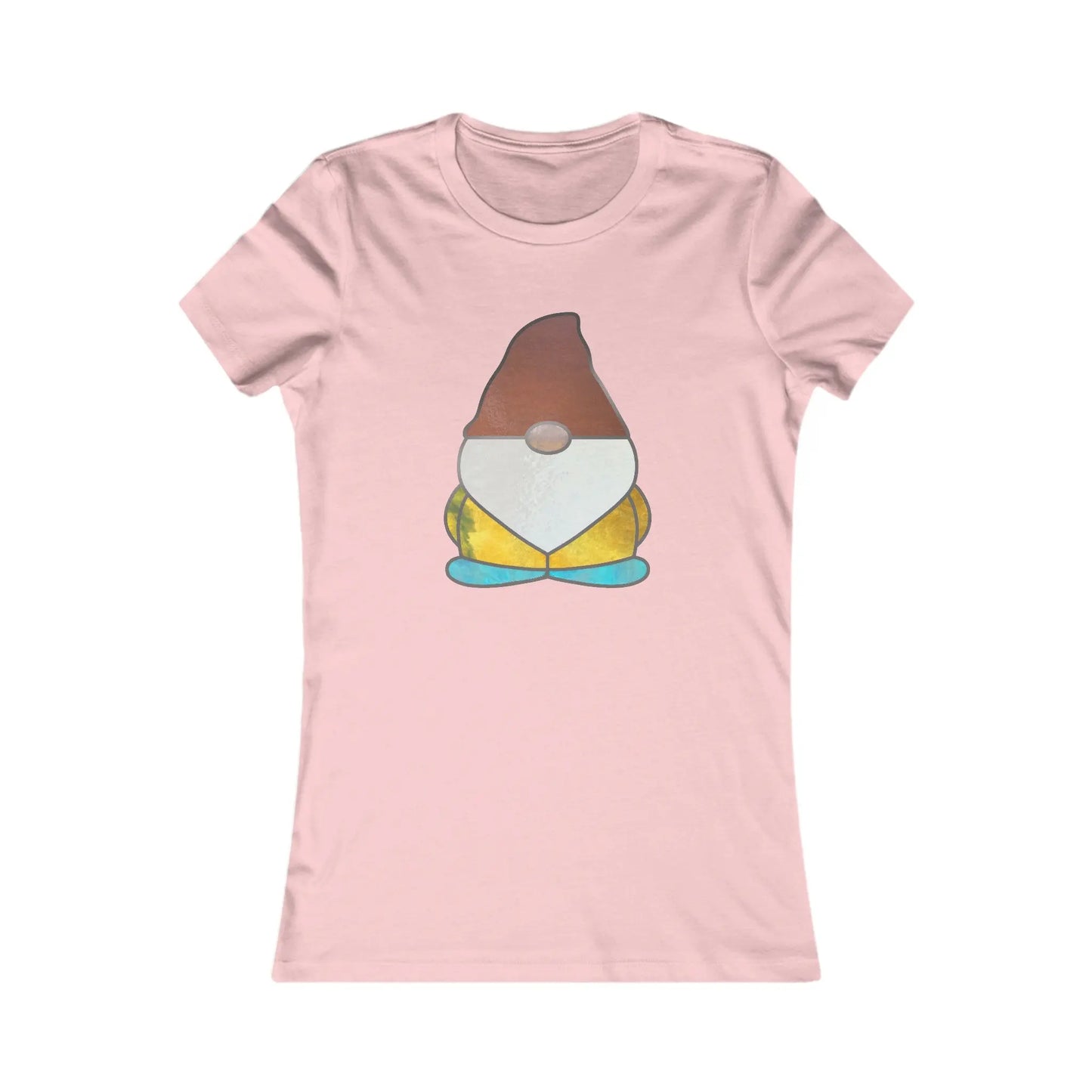 Pink Stained Glass Gnome Womens Tee Shirt with a stained glass design of a gnome with a pointed brown hat, white beard, yellow body, and blue shoes centered on the front.