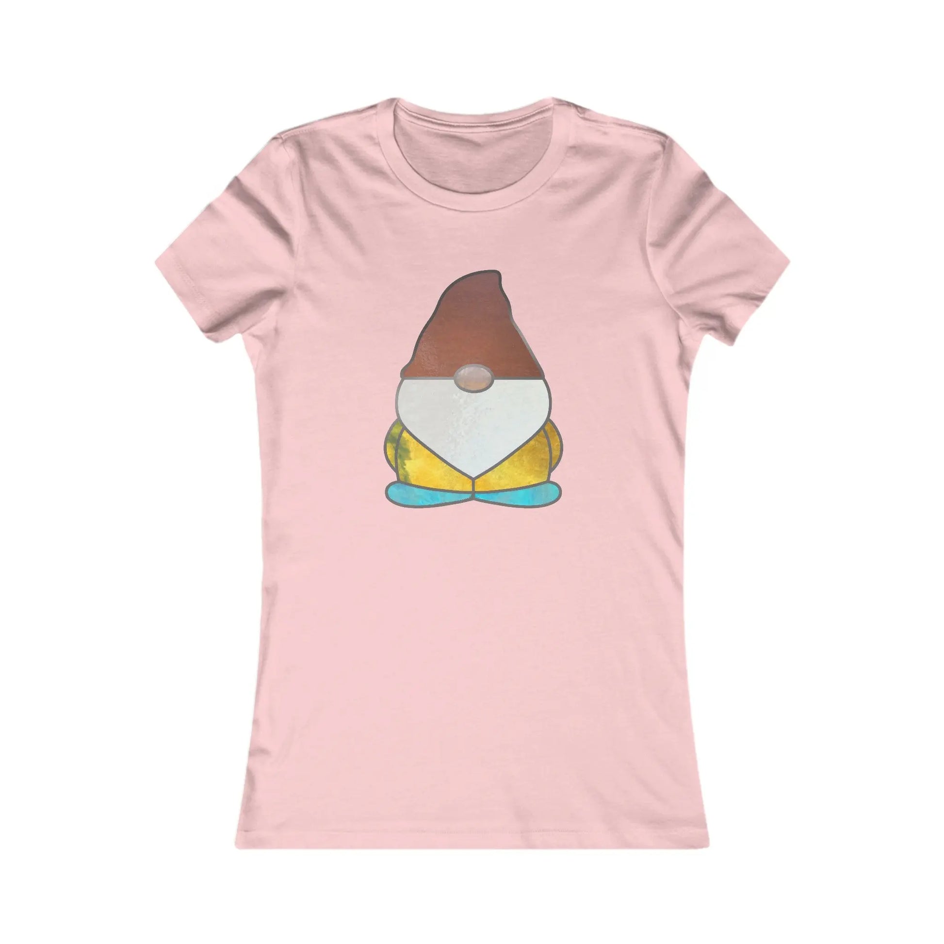 Pink Stained Glass Gnome Womens Tee Shirt with a stained glass design of a gnome with a pointed brown hat, white beard, yellow body, and blue shoes centered on the front.