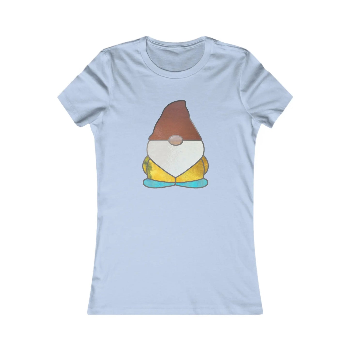 The Stained Glass Gnome Womens Tee Shirt features a sustainable light blue design with a gnome wearing a brown hat, white beard, yellow shirt, and turquoise shoes, highlighting a style that evokes stained glass artistry.