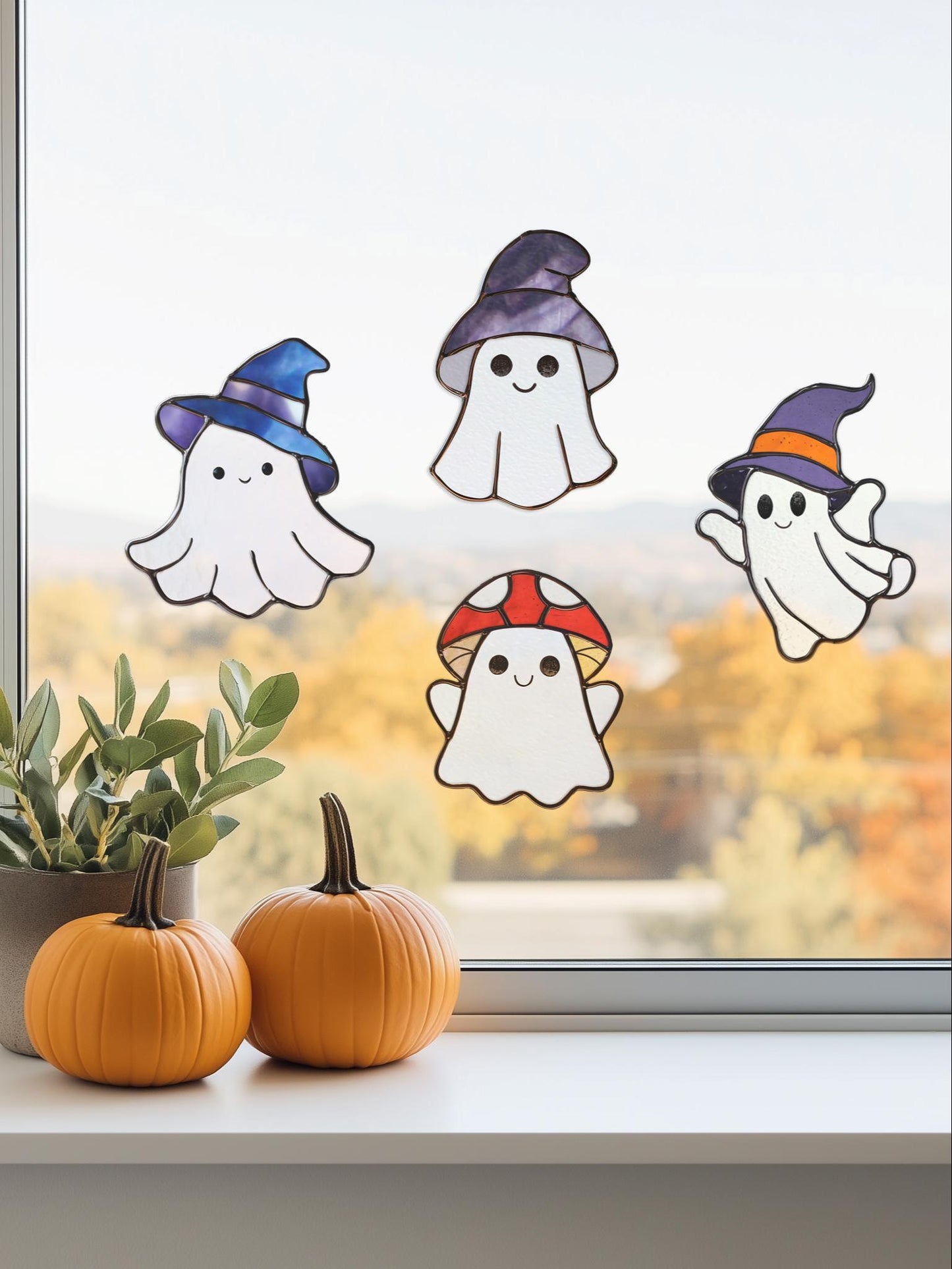 Four Ghost Stained Glass Patterns: Halloween Suncatcher Template (PDF & PNG)