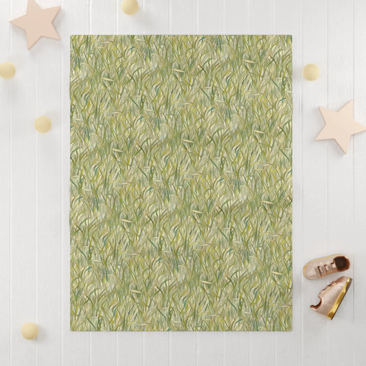 A picture of the Stained Glass Plants Soft Fleece Boho Baby Blanket, Silver Sage Grasses Print from GlassyRock Arts.