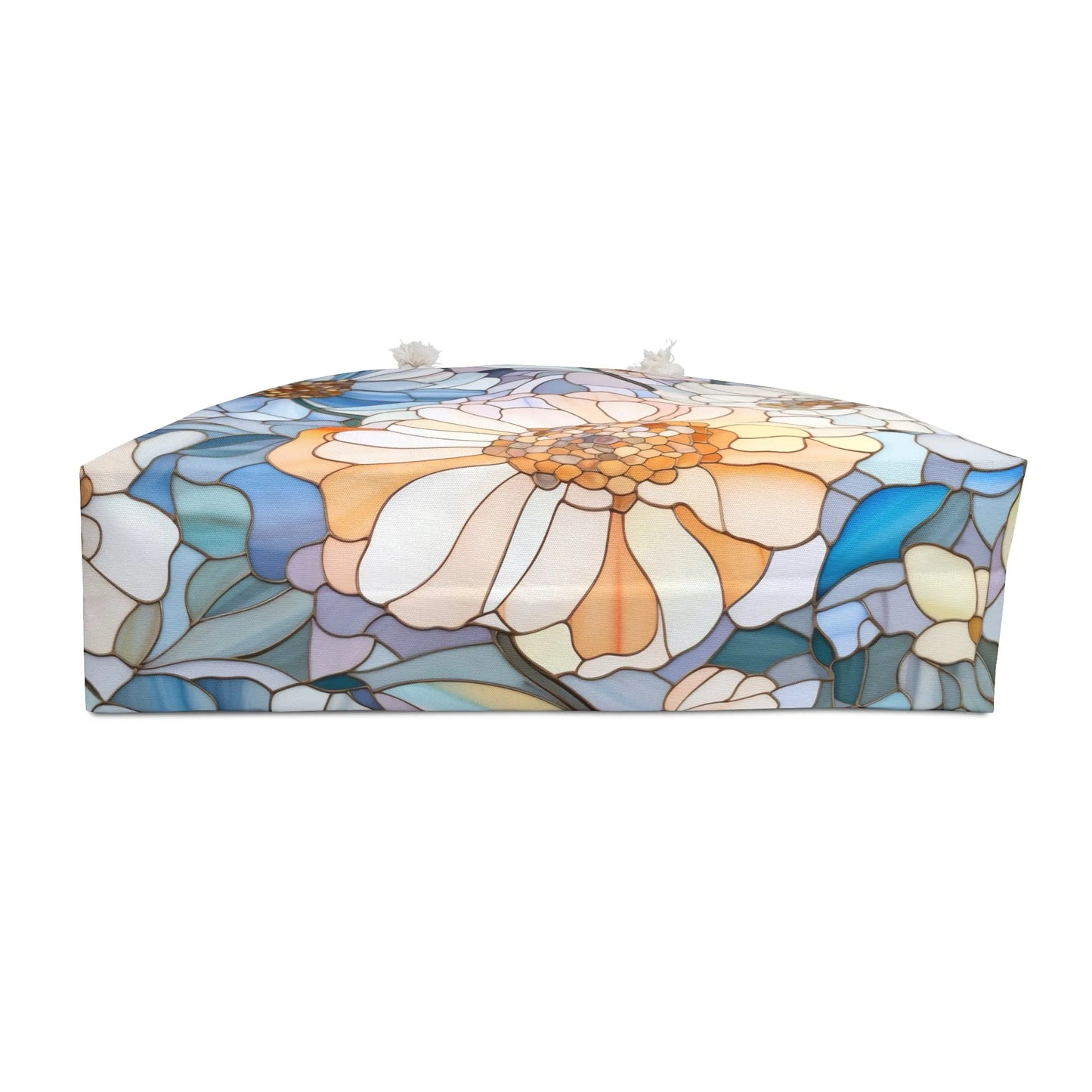 Rectangular box with a floral stained glass art design, featuring large abstract flowers in soft blue, white, and orange. Perfect as a boho gift or paired with the Stained Glass Flowers Oversized Tote Bag for chic flair.