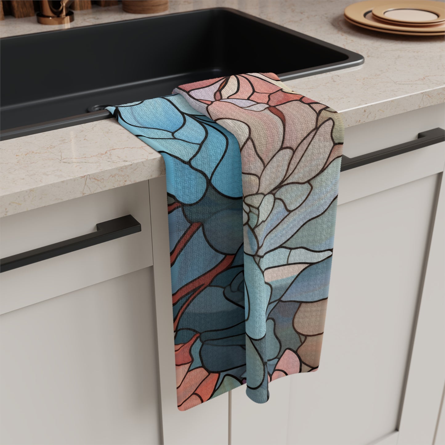 Stained Glass Flowers Tea Towel