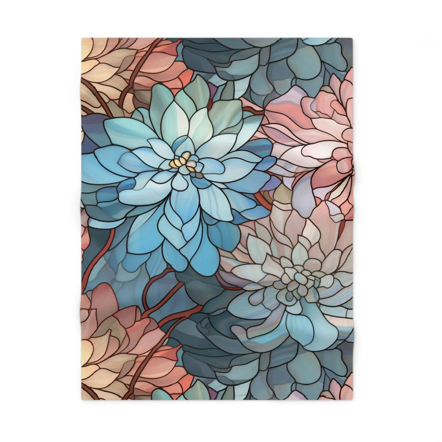The Stained Glass Dark Flowers Soft Fleece Baby Blanket showcases an abstract design with overlapping flower petals in blue, pink, and beige. This boho-elegant piece mimics a stained glass effect with intricate details and gradient colors covering the entire canvas.
