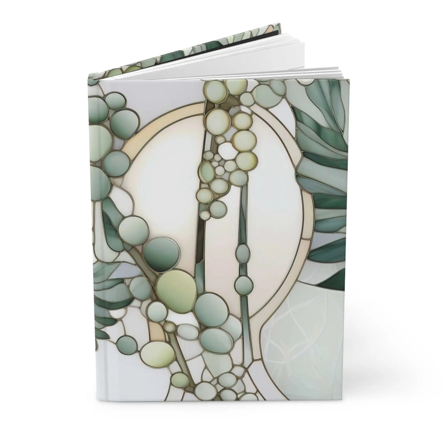 The Retro Stained Glass Ferns Hardcover Journal features a matte cover with an abstract retro design of overlapping green and beige circles and leaves, reminiscent of stained glass, creating an organic and harmonious appearance.